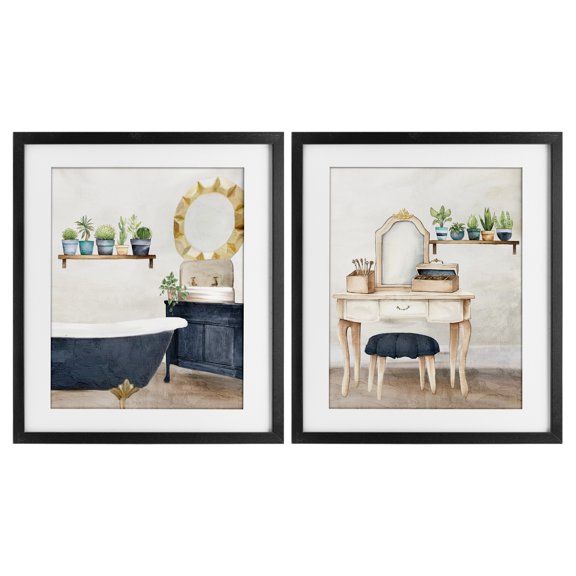 Stupell Industries Blue Tub Bathroom Interior 2 Piece Black Framed Print Under Glass Set design by Kim Allen, 16 x 13