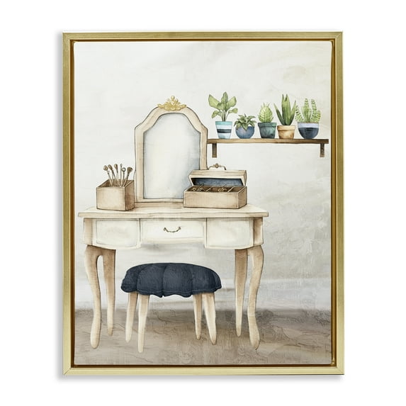 Stupell Industries Blue Tub Bathroom Vanity Gold Framed Floater Canvas Wall Art design by Kim Allen, 31 x 25