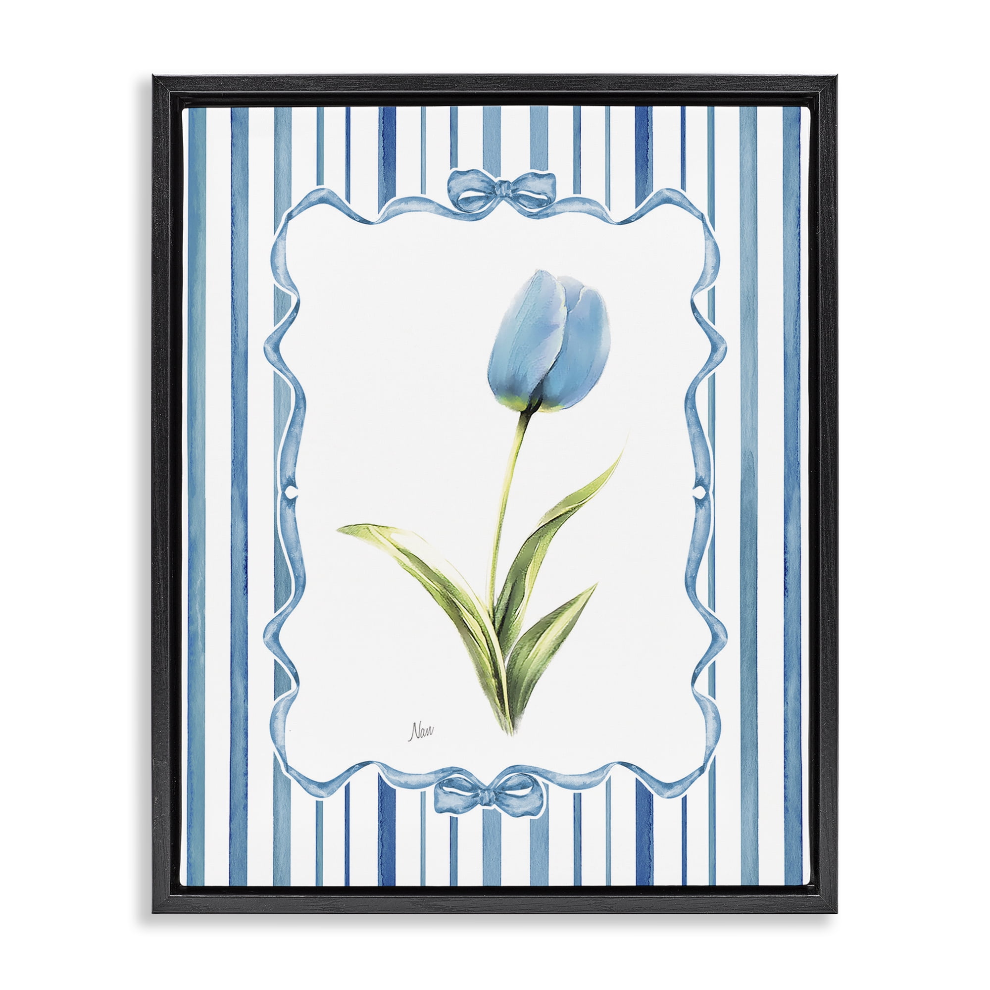 Stupell Industries Blue Tulip & Ribbon Border Black Framed Floater Canvas Wall Art, design by Nan