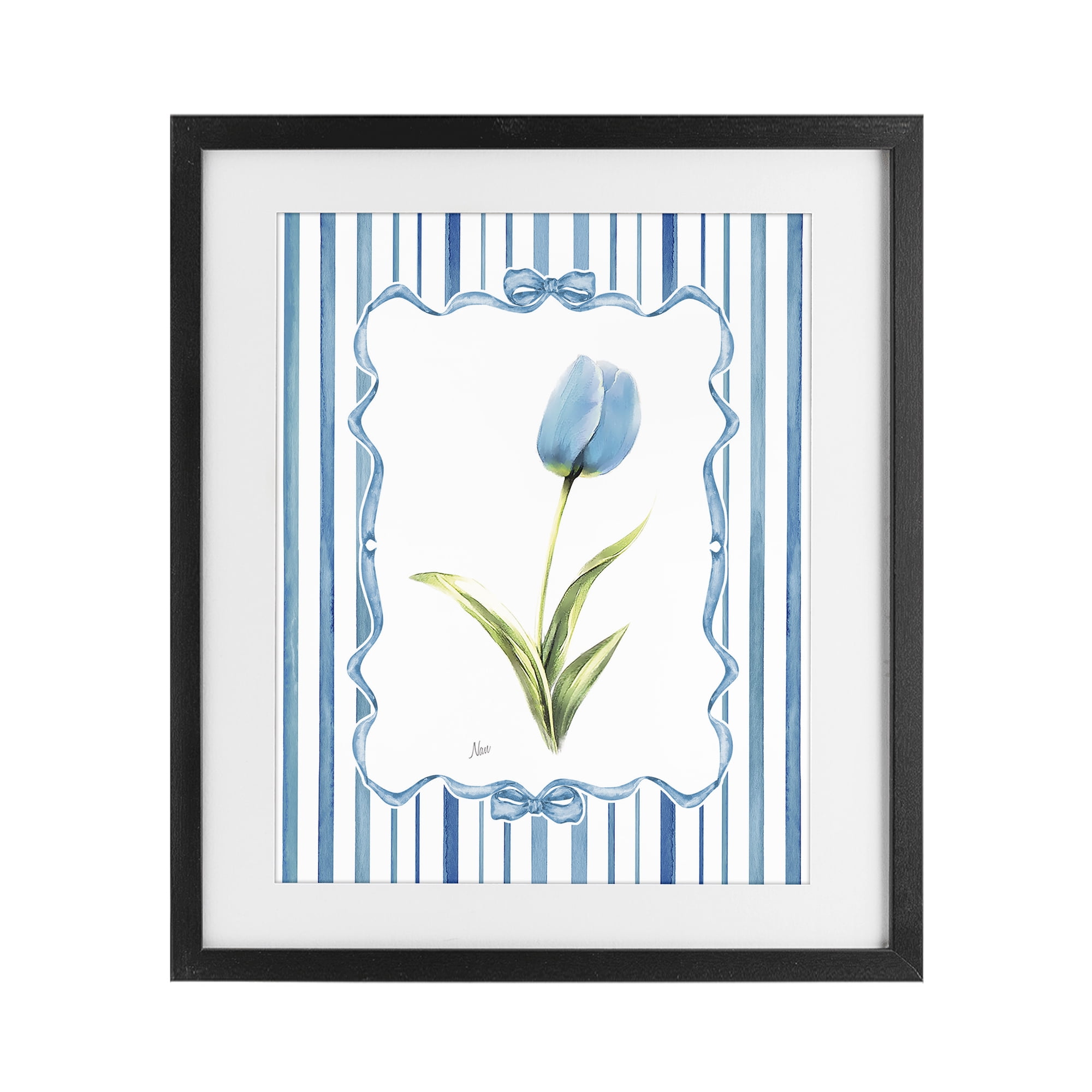 Stupell Industries Blue Tulip & Ribbon Border Black Framed Print Under Glass, design by Nan