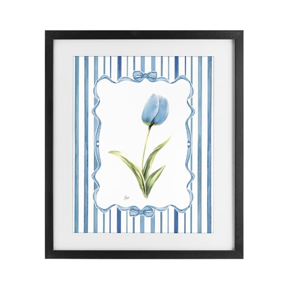Stupell Industries Coastal Blue Tulip & Ribbon Border Black Framed Print Under Glass, 13 x 16, by Nan