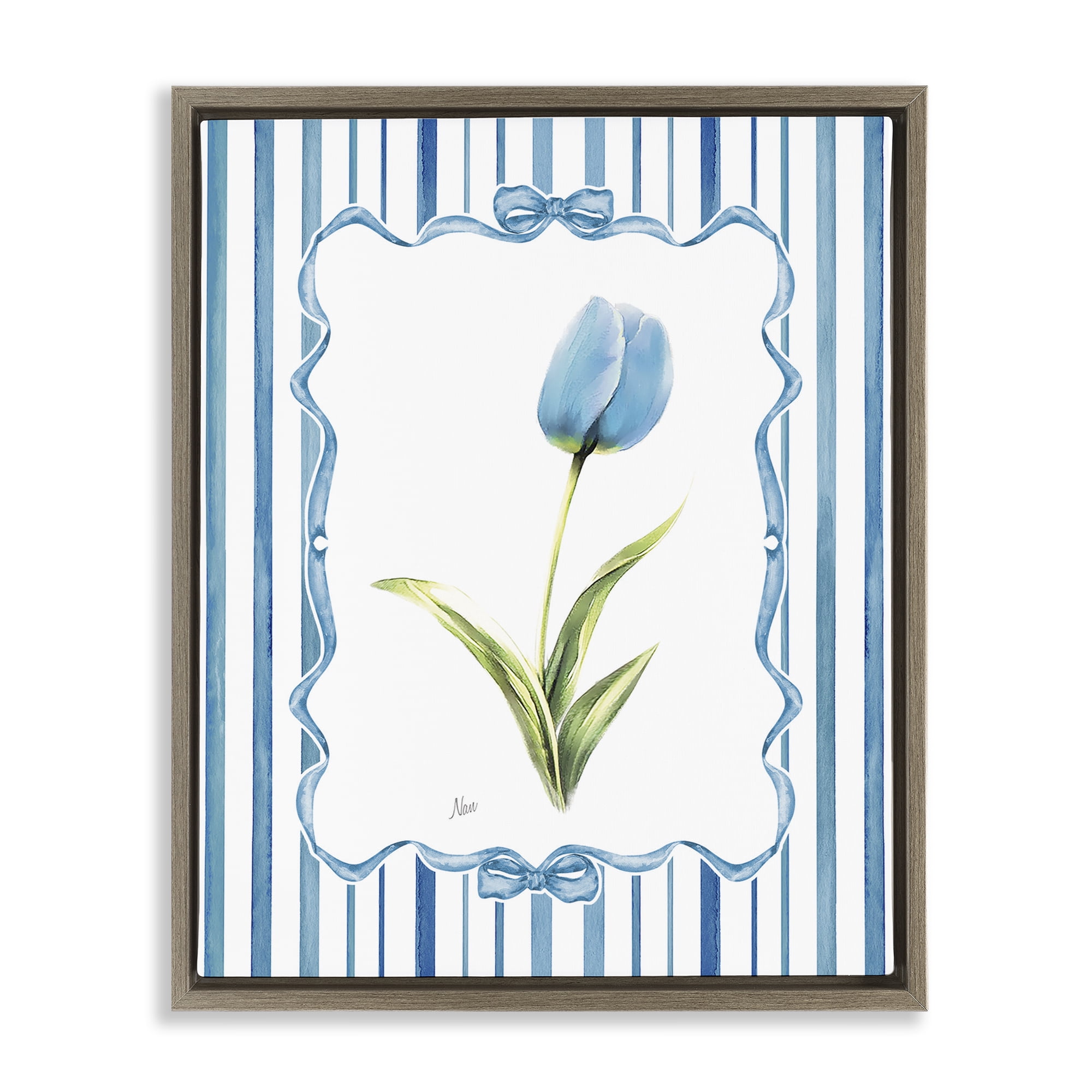 Stupell Industries Blue Tulip & Ribbon Border Brown Framed Floater ...
