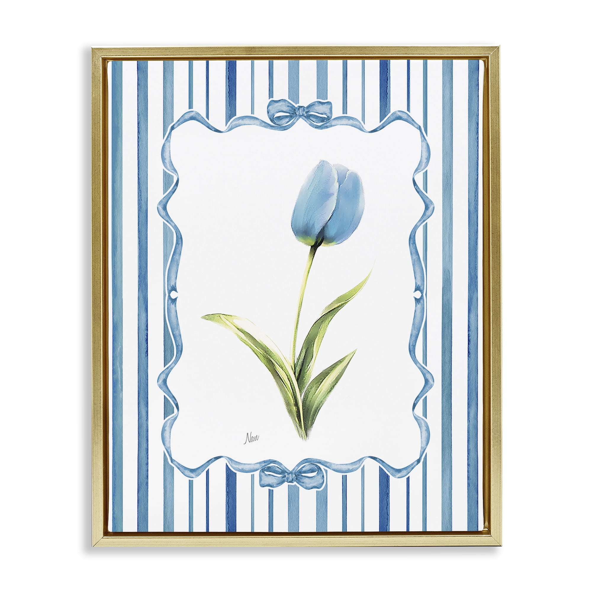 Stupell Industries Blue Tulip & Ribbon Border Gold Framed Floater Canvas Wall Art, design by Nan