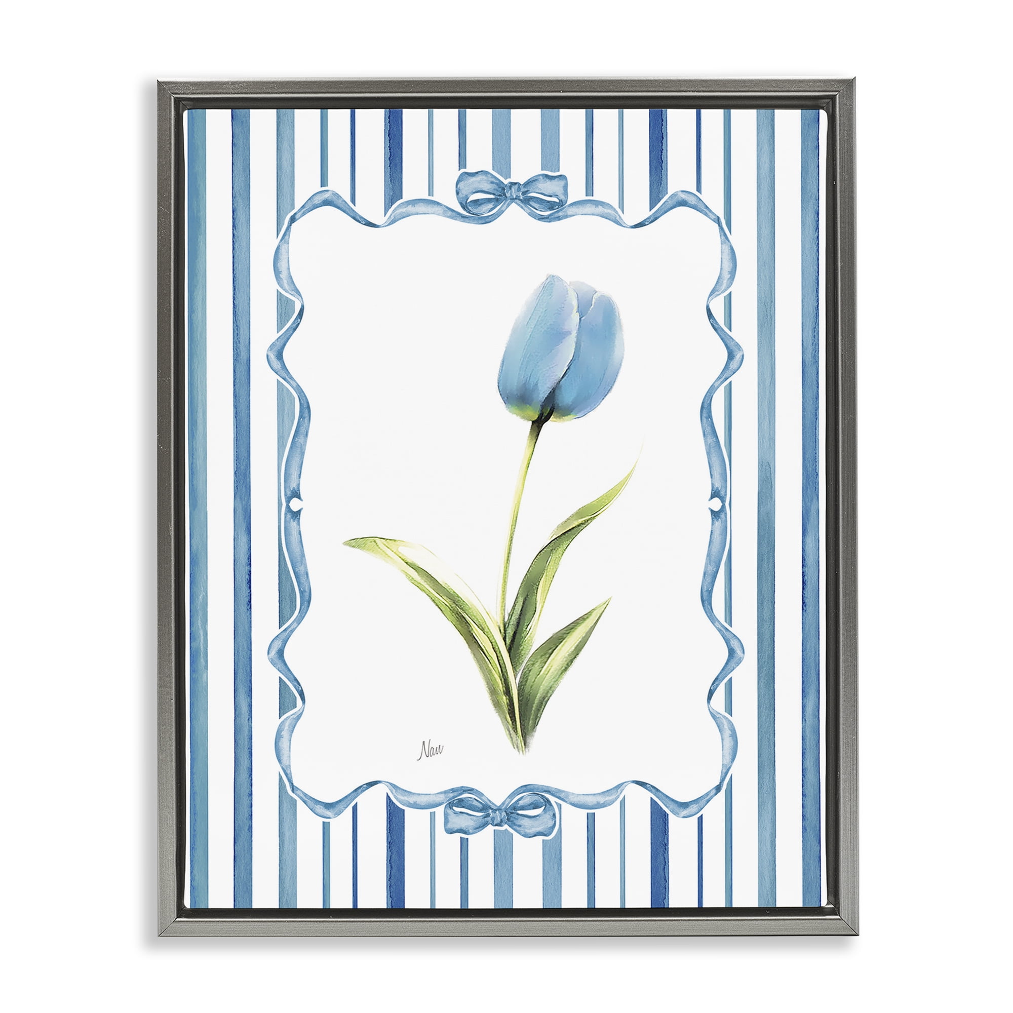 Stupell Industries Blue Tulip & Ribbon Border Gray Framed Floater Canvas Wall Art, design by Nan