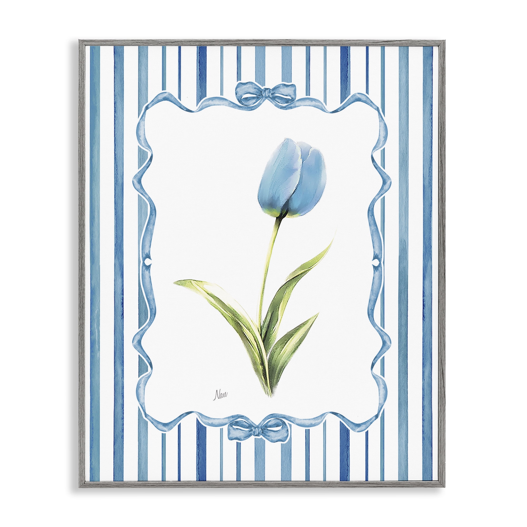 Stupell Industries Blue Tulip & Ribbon Border Gray Framed Giclee Art, design by Nan