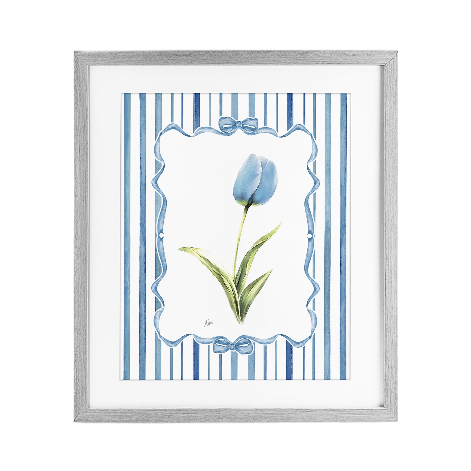 Stupell Industries Blue Tulip & Ribbon Border Gray Framed Print Under ...