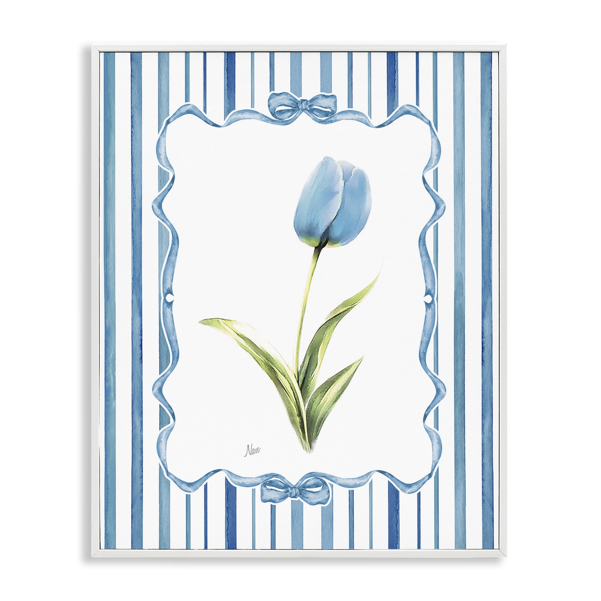 Stupell Industries Blue Tulip & Ribbon Border White Framed Giclee Art, design by Nan