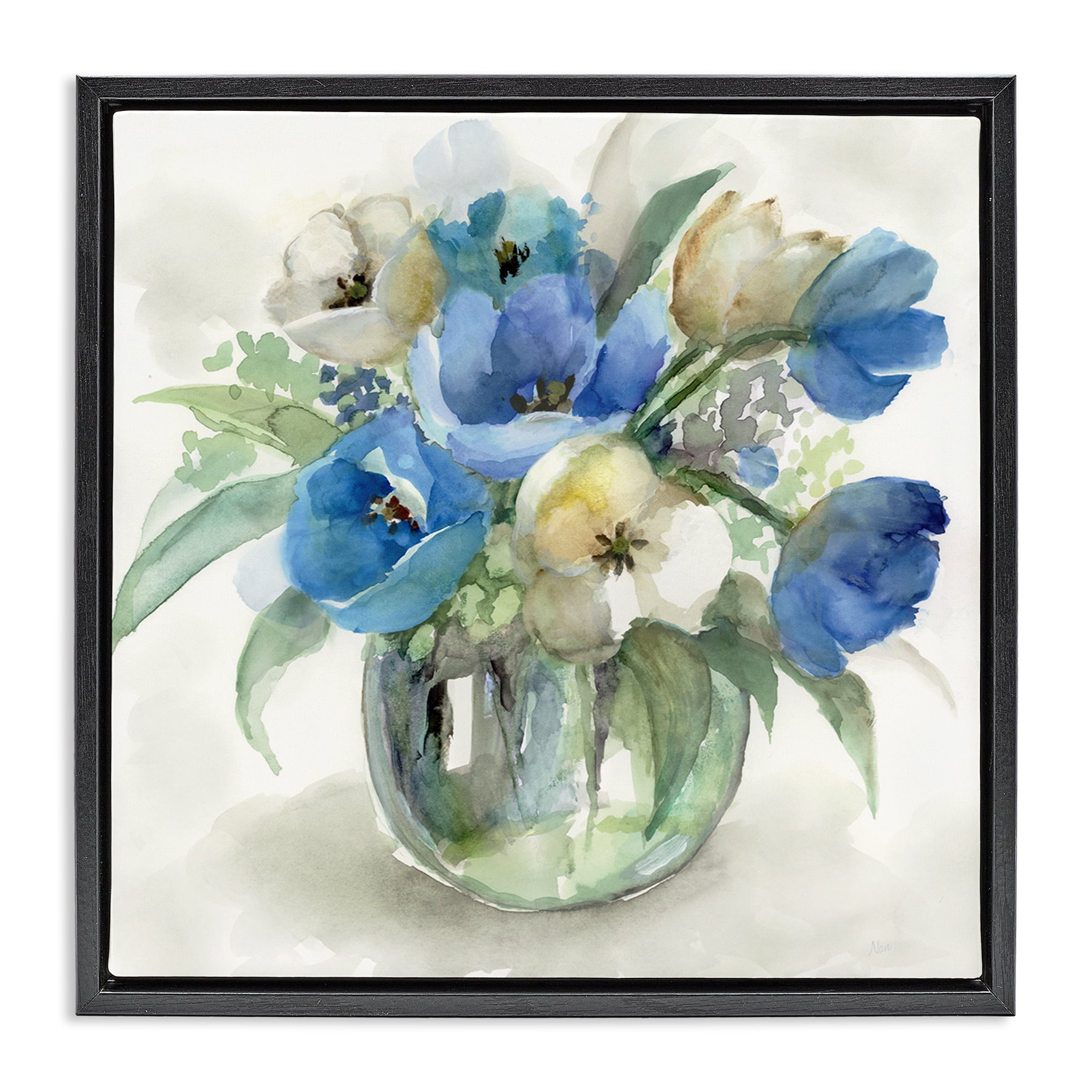Stupell Industries Blue Tulip Watercolor Bouquet Black Framed Floater Canvas Wall Art, design by Nan