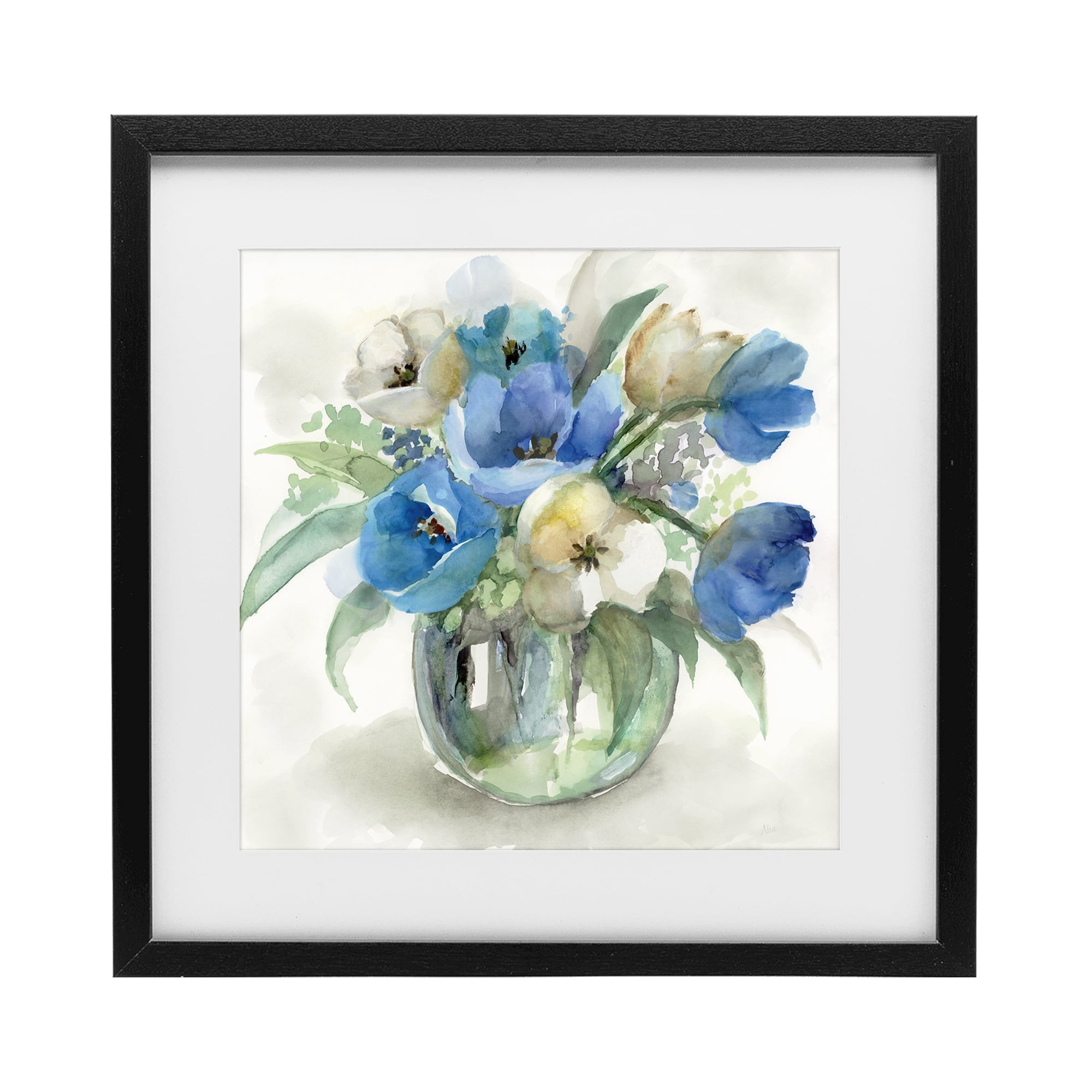 Stupell Industries Blue Tulip Watercolor Bouquet Black Framed Print Under Glass, design by Nan