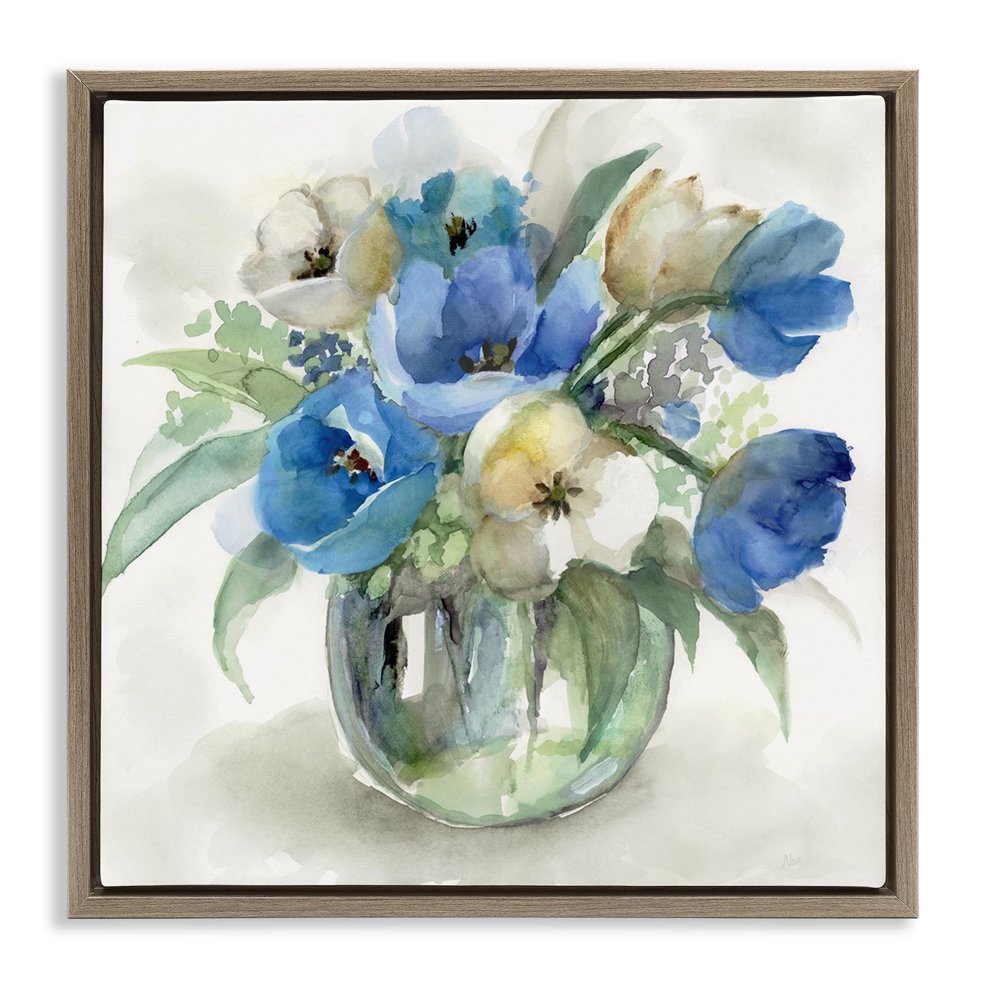 Stupell Industries Blue Tulip Watercolor Bouquet Brown Framed Floater Canvas Wall Art, design by Nan