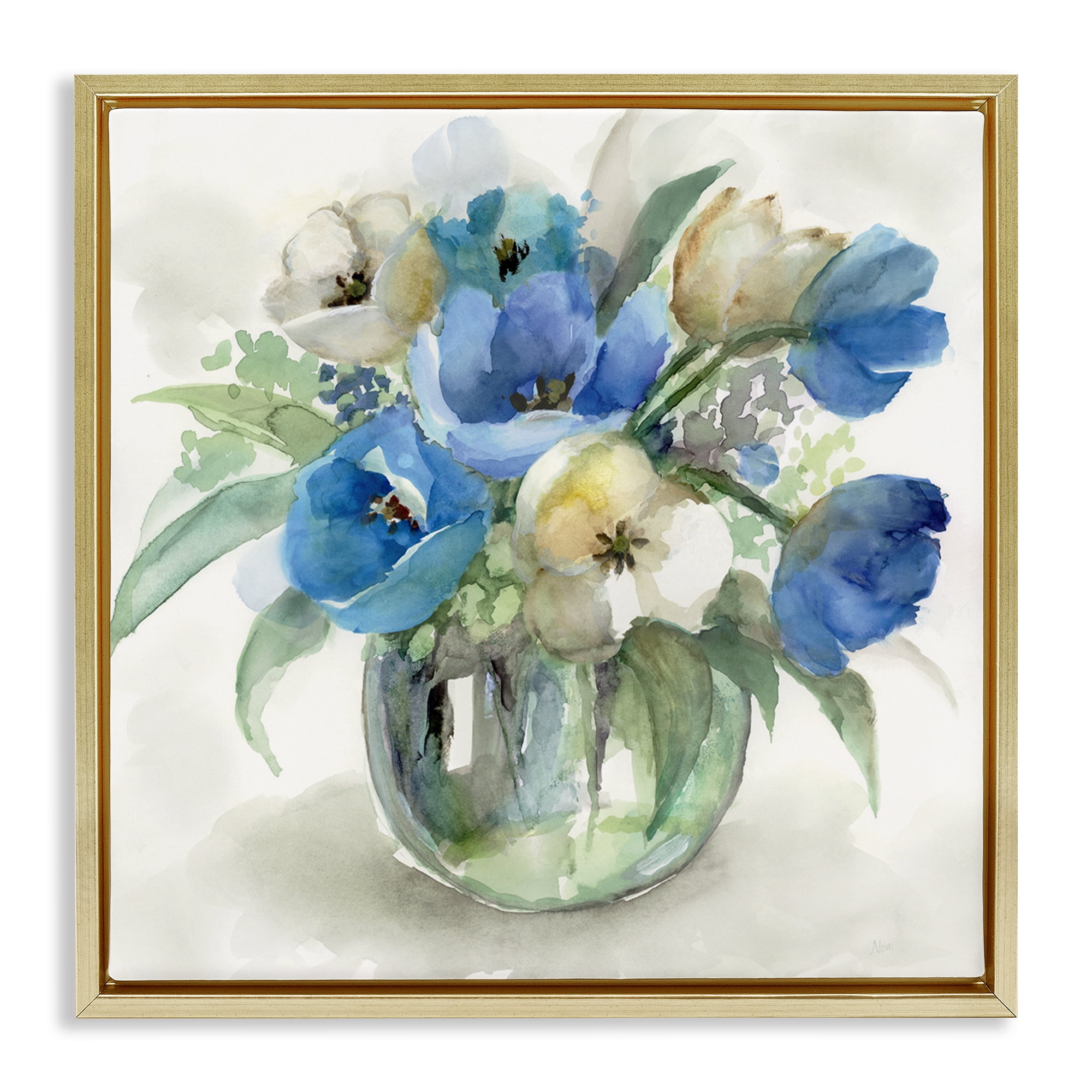 Stupell Industries Blue Tulip Watercolor Bouquet Gold Framed Floater Canvas Wall Art, design by Nan