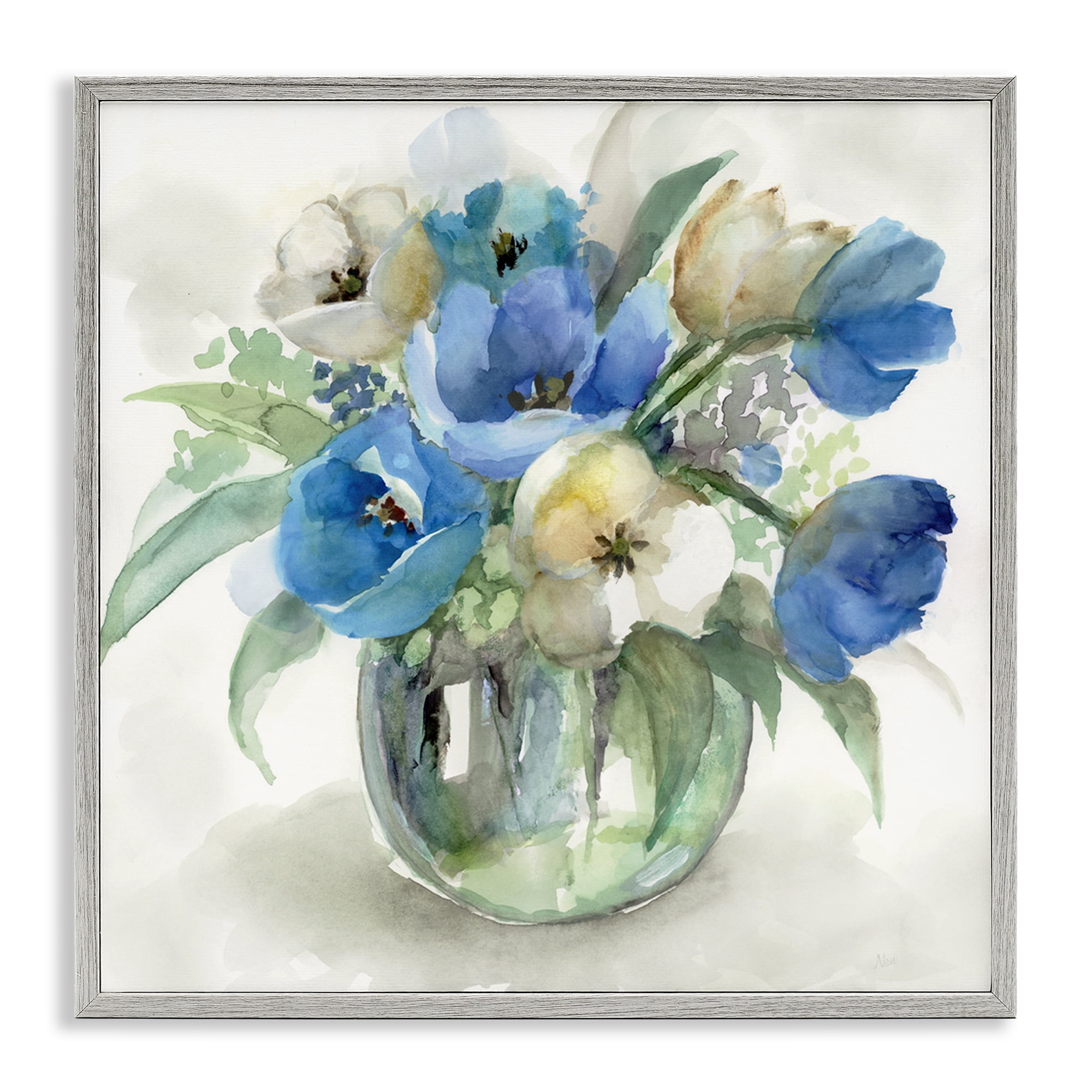 Stupell Industries Blue Tulip Watercolor Bouquet Gray Framed Giclee Art, design by Nan