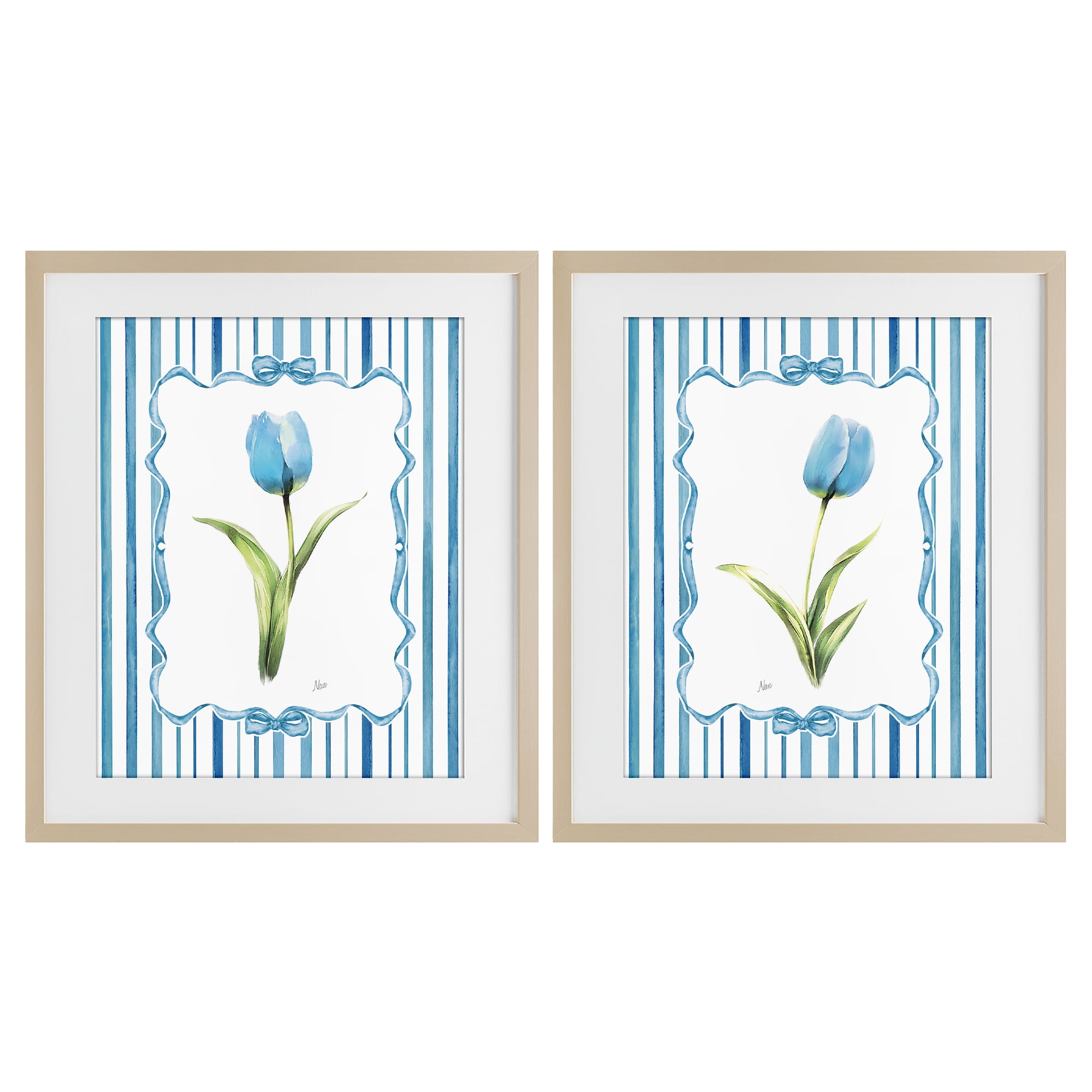 Stupell Industries Blue Tulips with Feminine Ribbon 2 Piece Birch Framed Print Under Glass Set, design by Nan