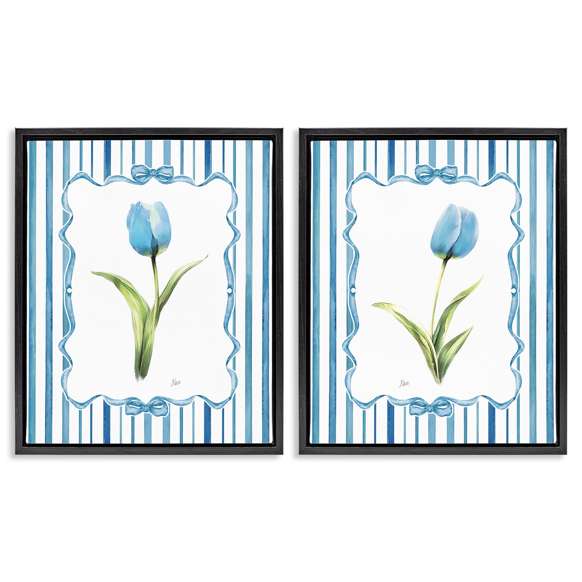 Stupell Industries Blue Tulips with Feminine Ribbon 2 Piece Black Framed Floater Canvas Set, design by Nan