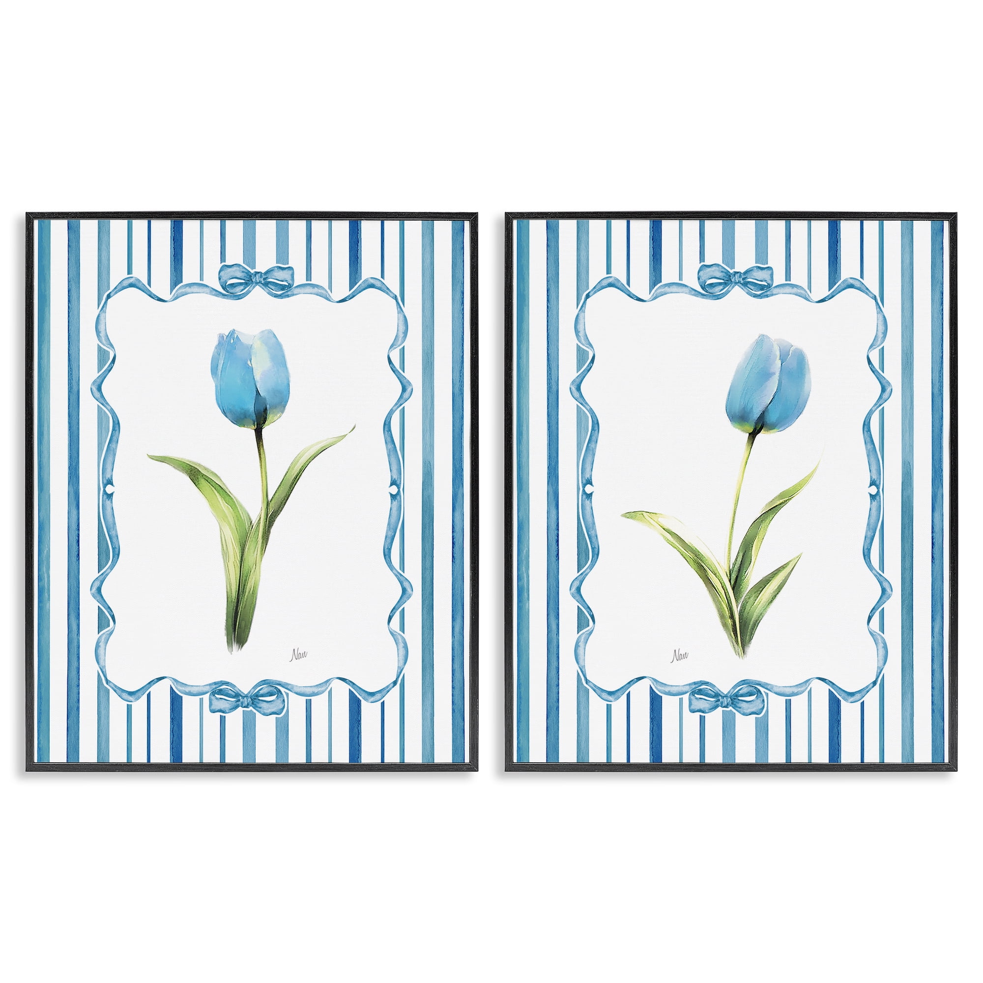 Stupell Industries Blue Tulips with Feminine Ribbon 2 Piece Black Framed Giclee Art Set, design by Nan