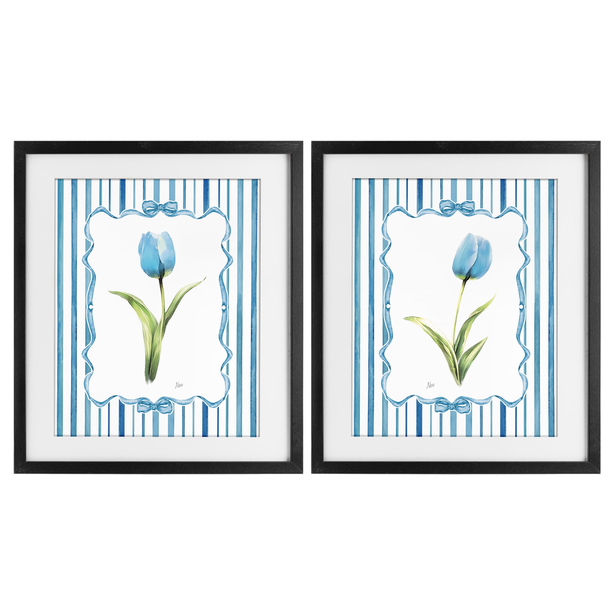 Stupell Industries Blue Tulips with Feminine Ribbon 2 Piece Black Framed Print Under Glass Set, design by Nan