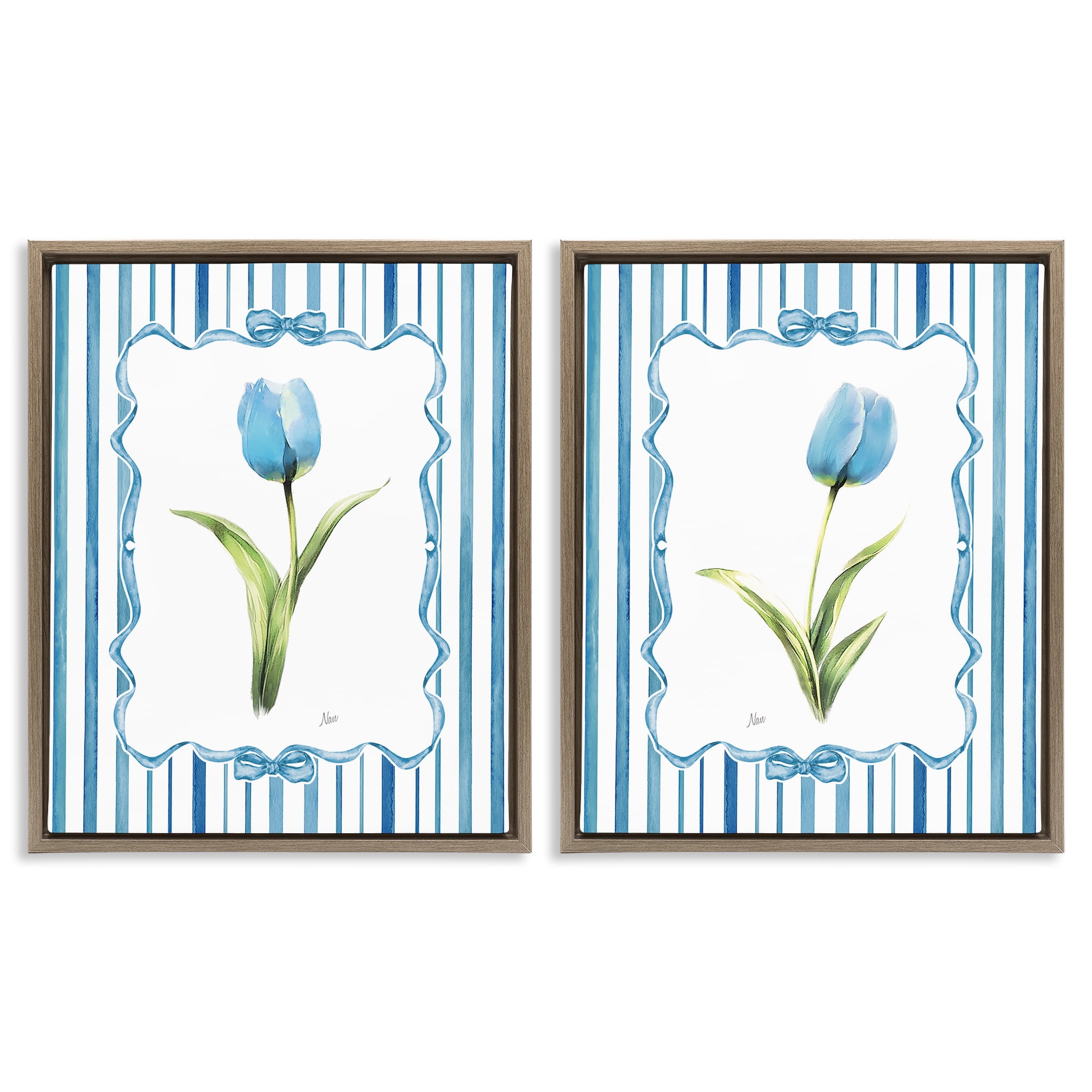 Stupell Industries Blue Tulips with Feminine Ribbon 2 Piece Brown Framed Floater Canvas Set, design by Nan