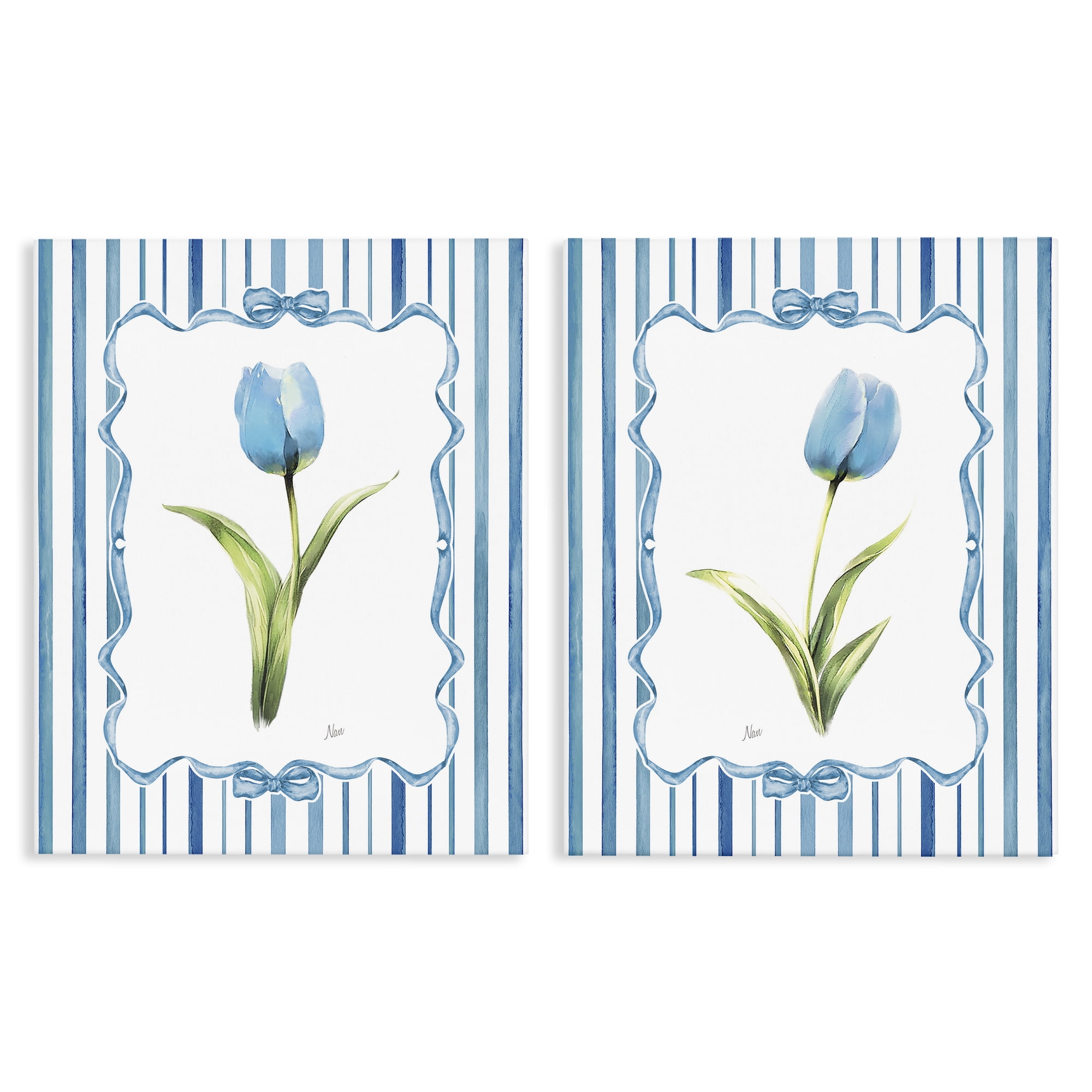 Stupell Industries Blue Tulips with Feminine Ribbon 2 Piece Canvas Wall Art Set, design by Nan