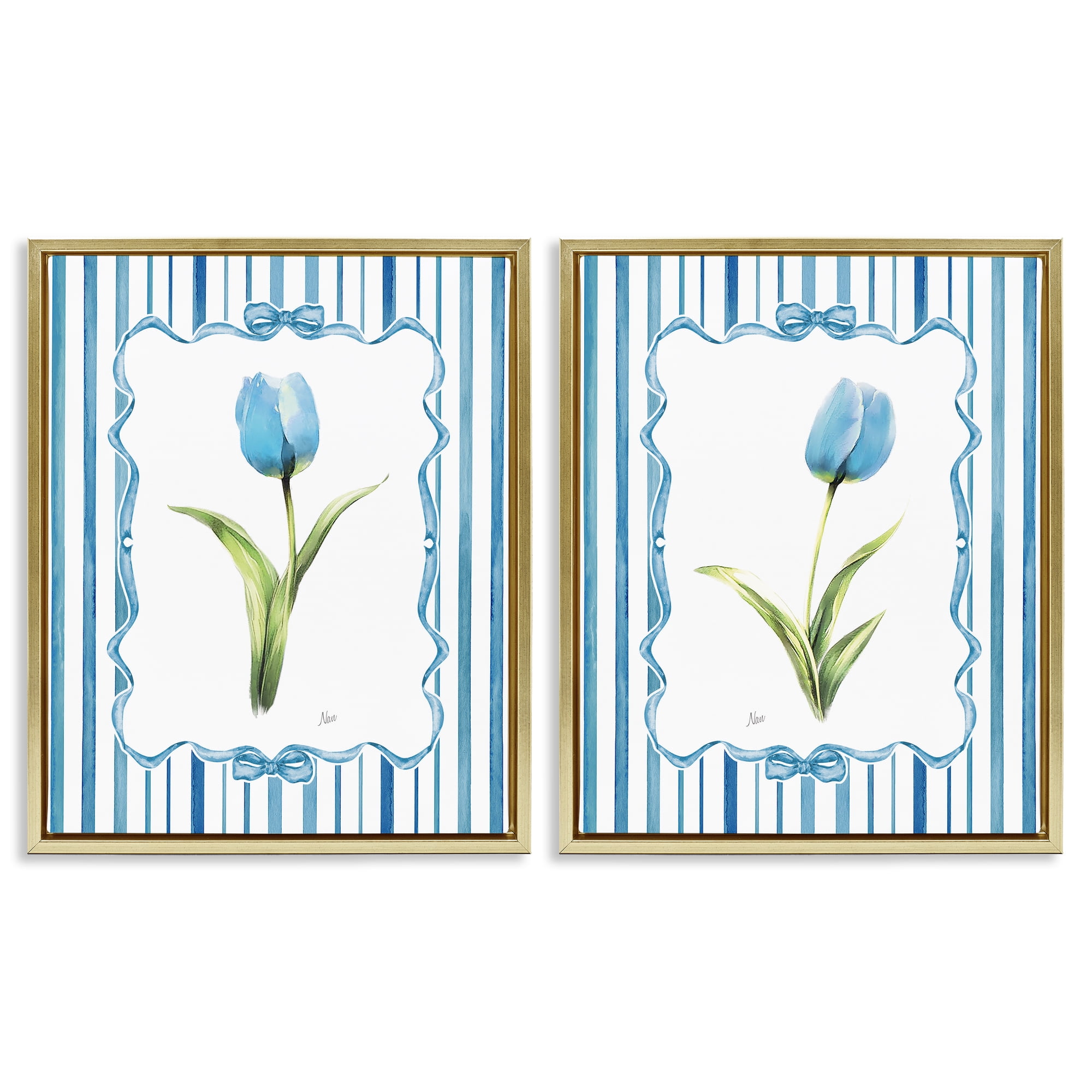 Stupell Industries Blue Tulips with Feminine Ribbon 2 Piece Gold Framed Floater Canvas Set, design by Nan