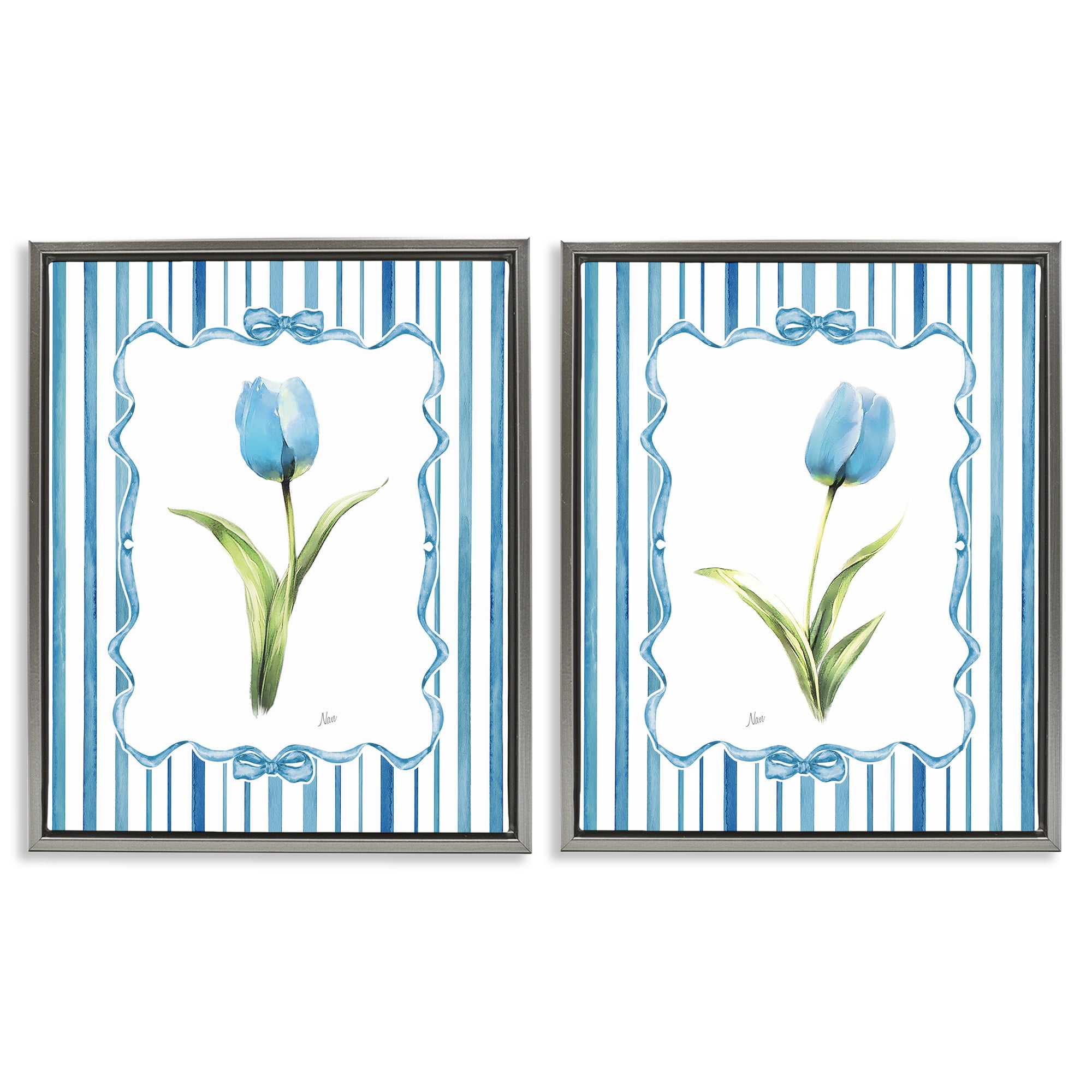 Stupell Industries Blue Tulips with Feminine Ribbon 2 Piece Gray Framed Floater Canvas Set, design by Nan