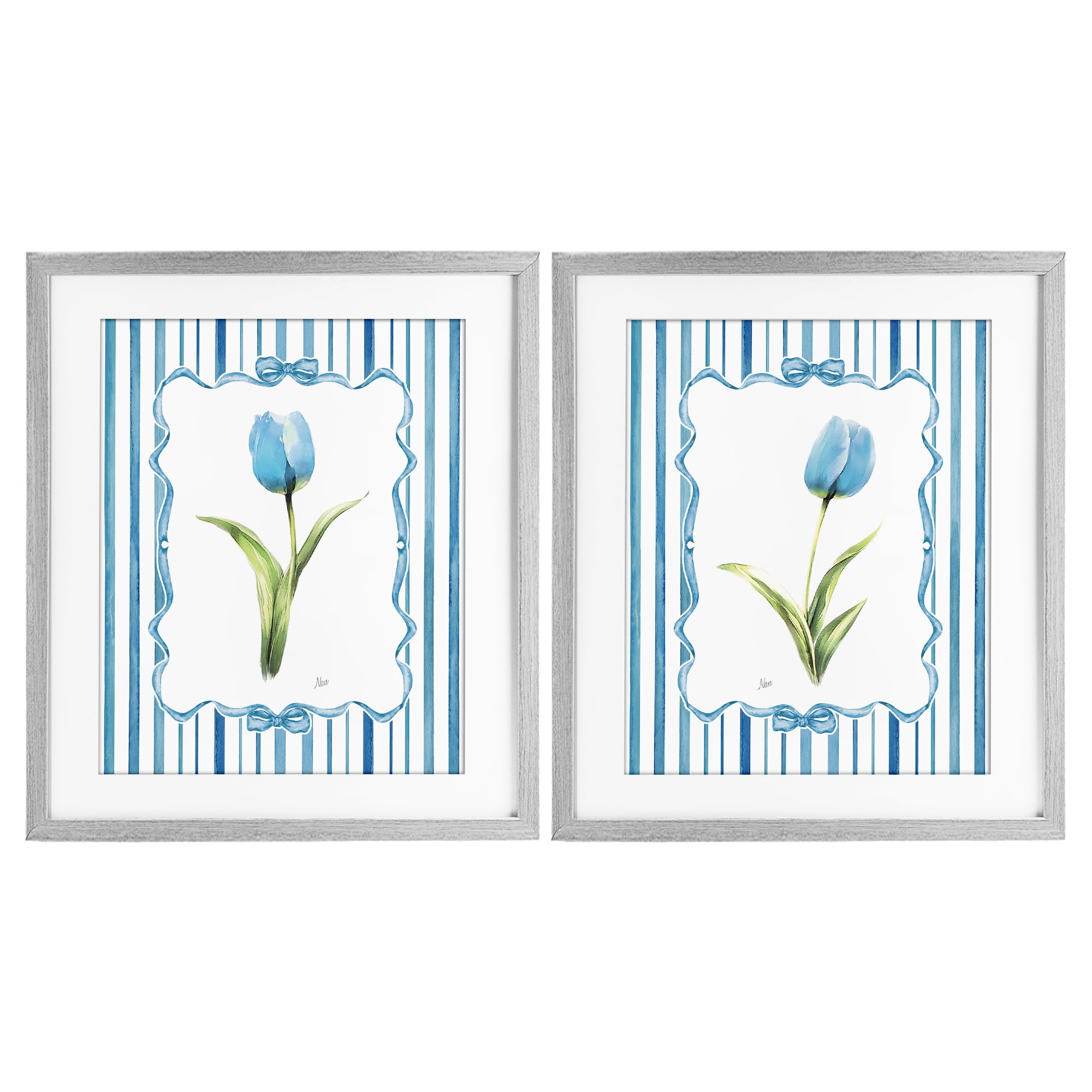 Stupell Industries Blue Tulips with Feminine Ribbon 2 Piece Gray Framed Print Under Glass Set, design by Nan