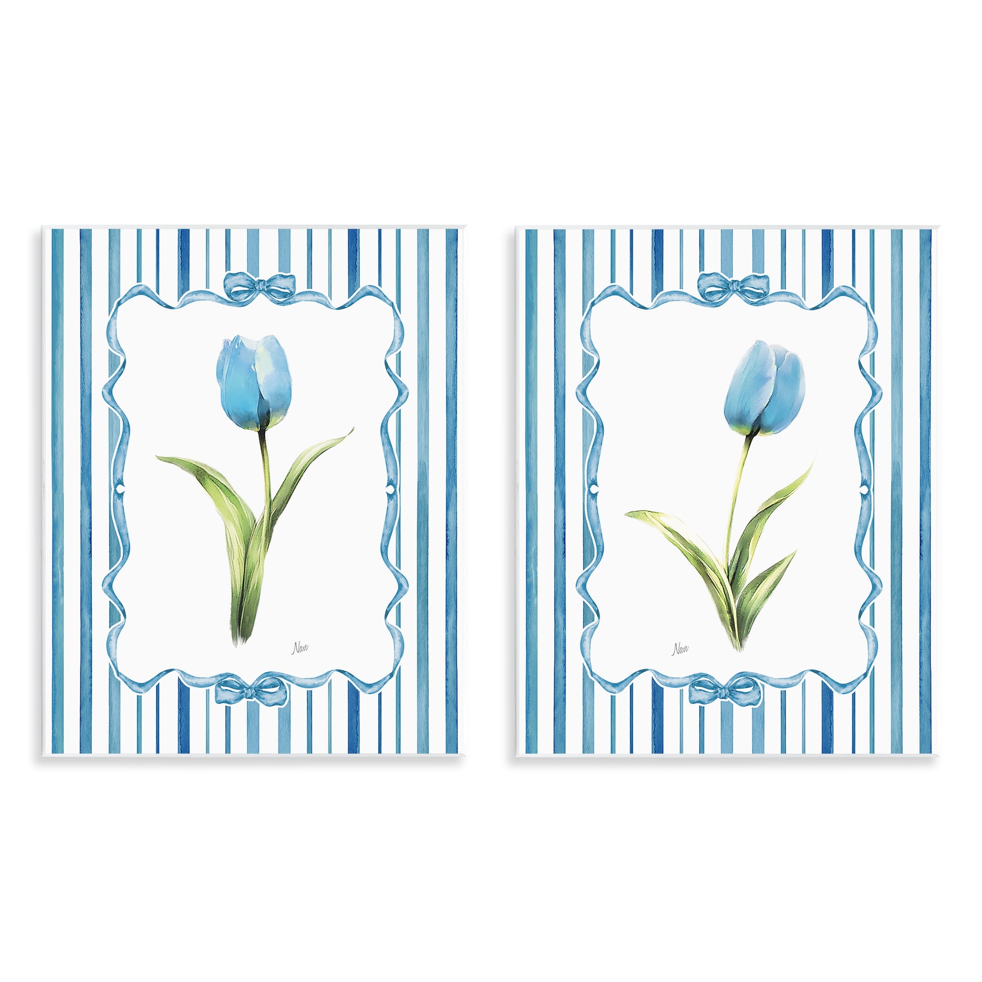 Stupell Industries Blue Tulips with Feminine Ribbon 2 Piece Wall Plaque Art Set, design by Nan