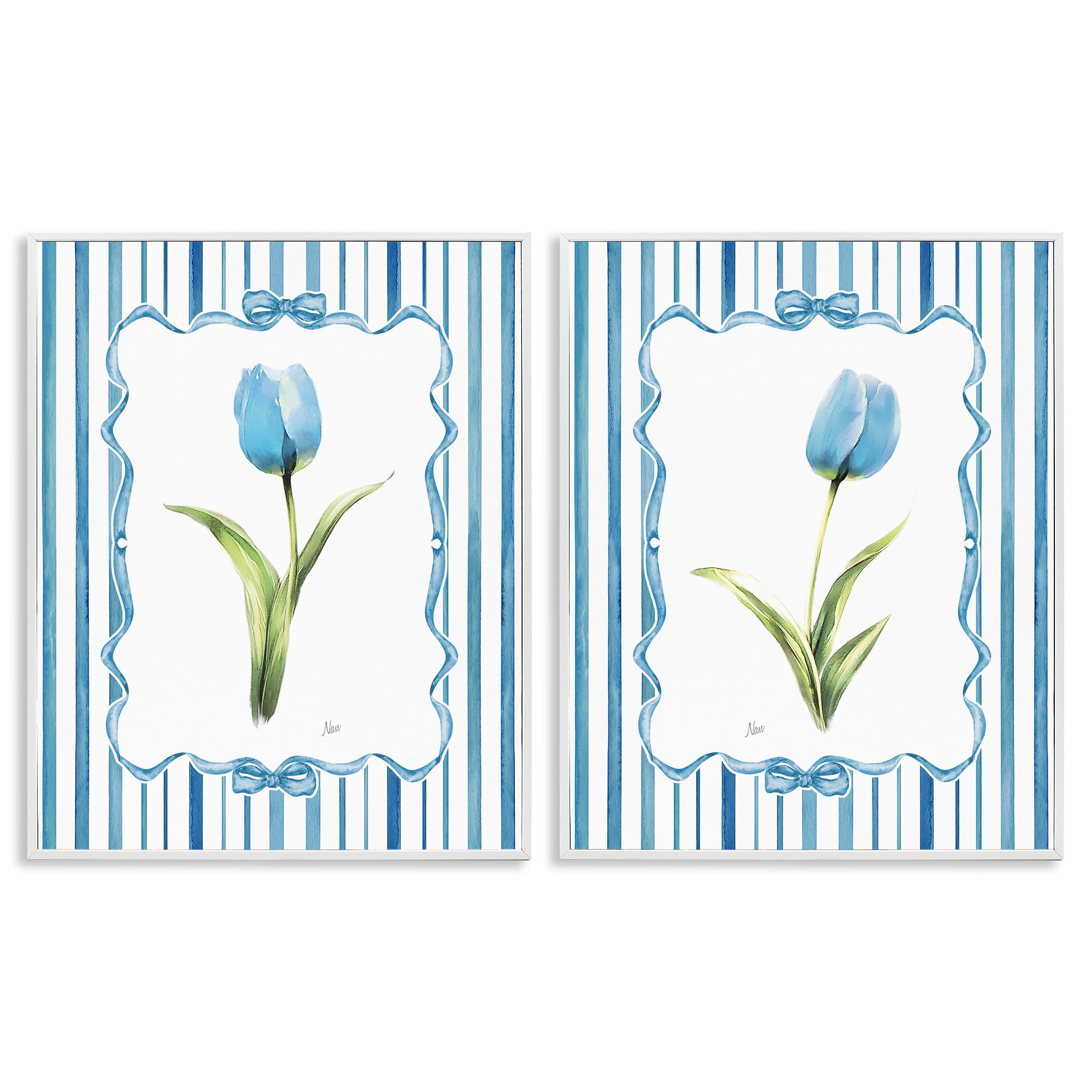 Stupell Industries Blue Tulips with Feminine Ribbon 2 Piece White Framed Giclee Art Set, design by Nan