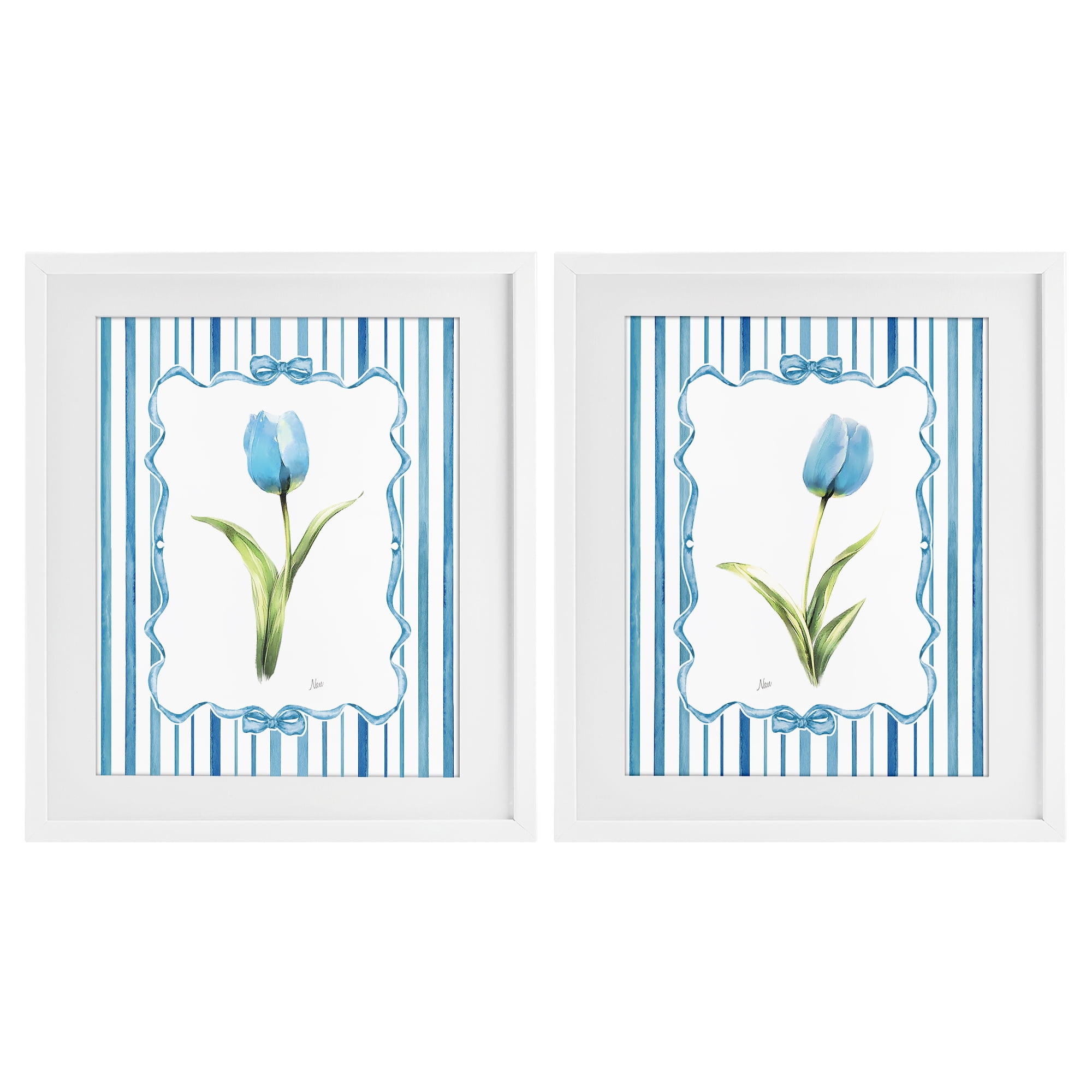 Stupell Industries Blue Tulips with Feminine Ribbon 2 Piece White Framed Print Under Glass Set, design by Nan