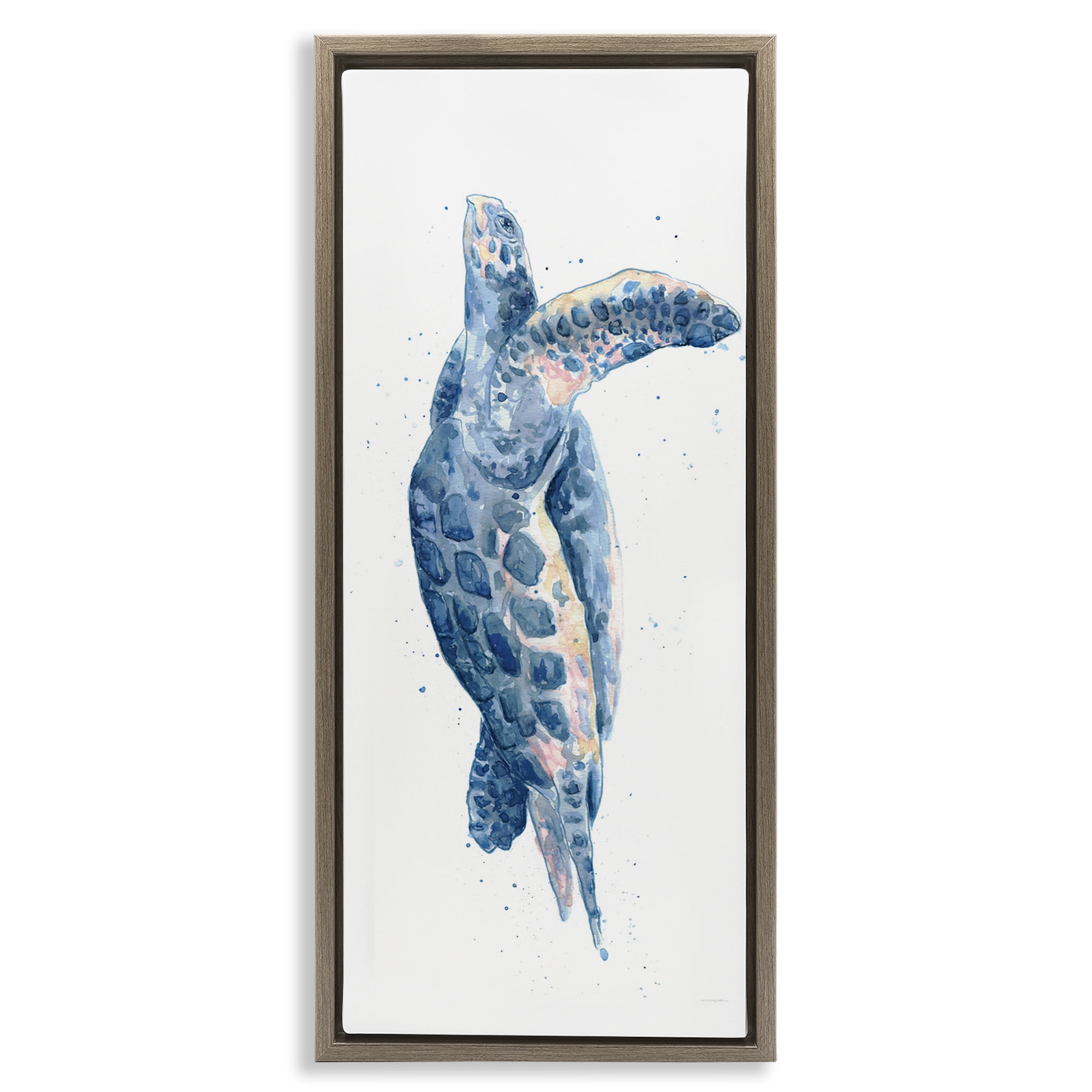 Stupell Industries Blue Turtle Swimming Animals & Insects Painting Brown Floater Framed Canvas Art Print Wall Art, 15 x 31