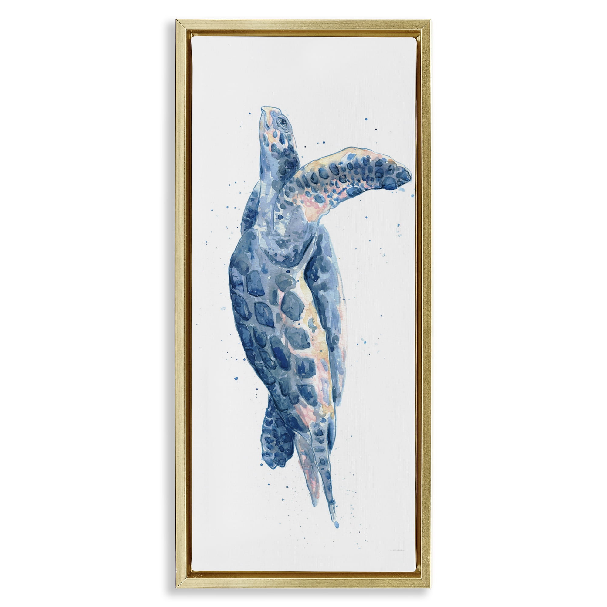 Stupell Industries Blue Turtle Swimming Animals & Insects Painting Gold Floater Framed Canvas Art Print Wall Art, 11 x 25