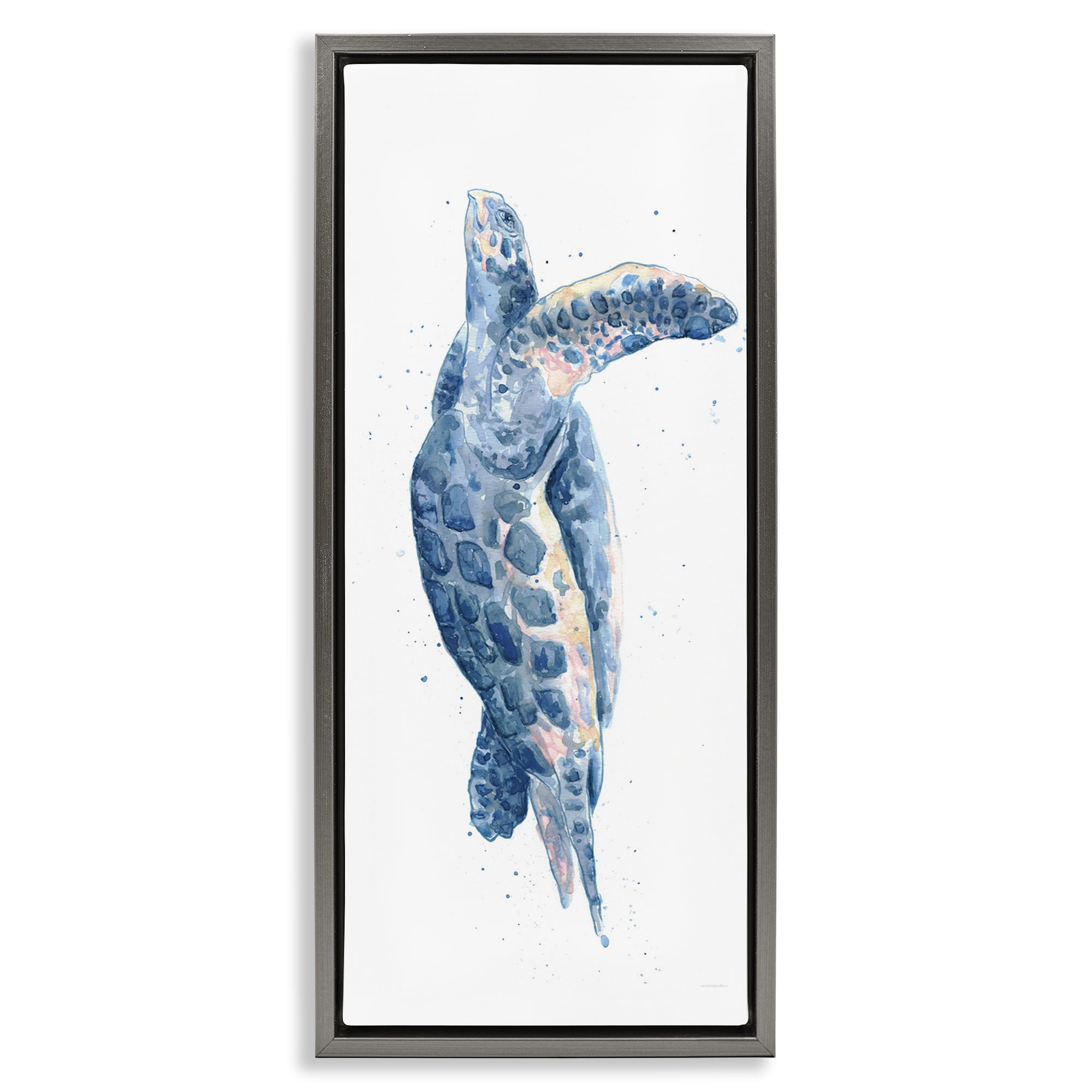 Stupell Industries Blue Turtle Swimming Animals & Insects Painting Gray Floater Framed Canvas Art Print Wall Art, 11 x 25