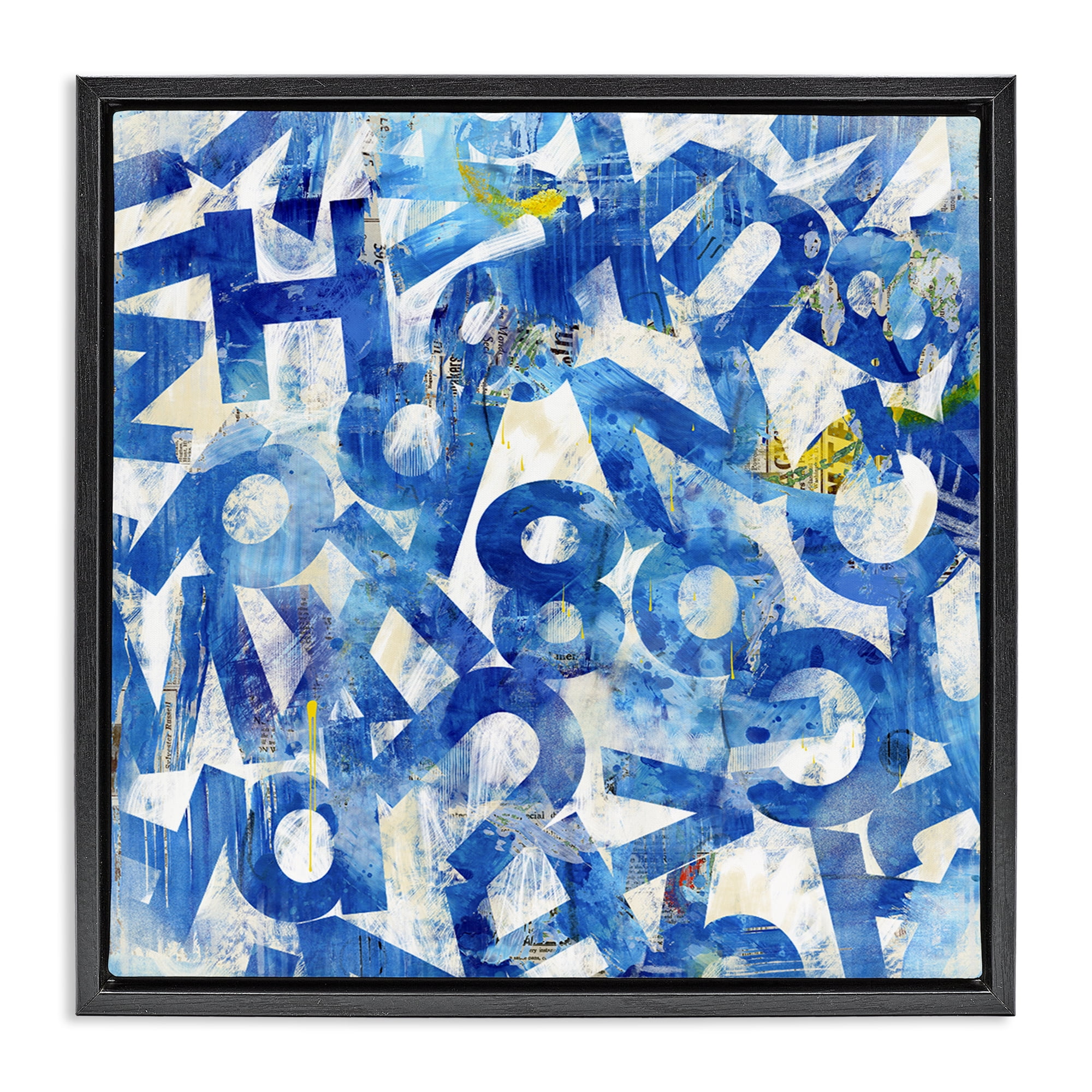Stupell Industries Blue Typography Collage Abstract Painting Black Floater Framed Canvas Art Print Wall Art, 25 x 25