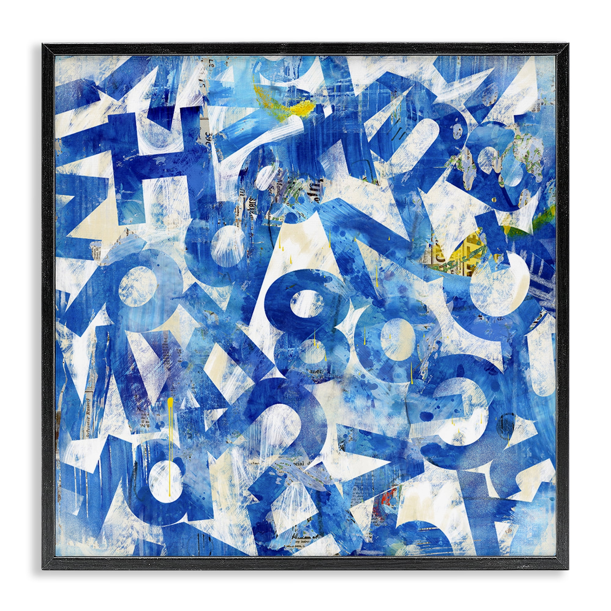 Stupell Industries Blue Typography Collage Abstract Painting Black Framed Art Print Wall Art, 24 x 24