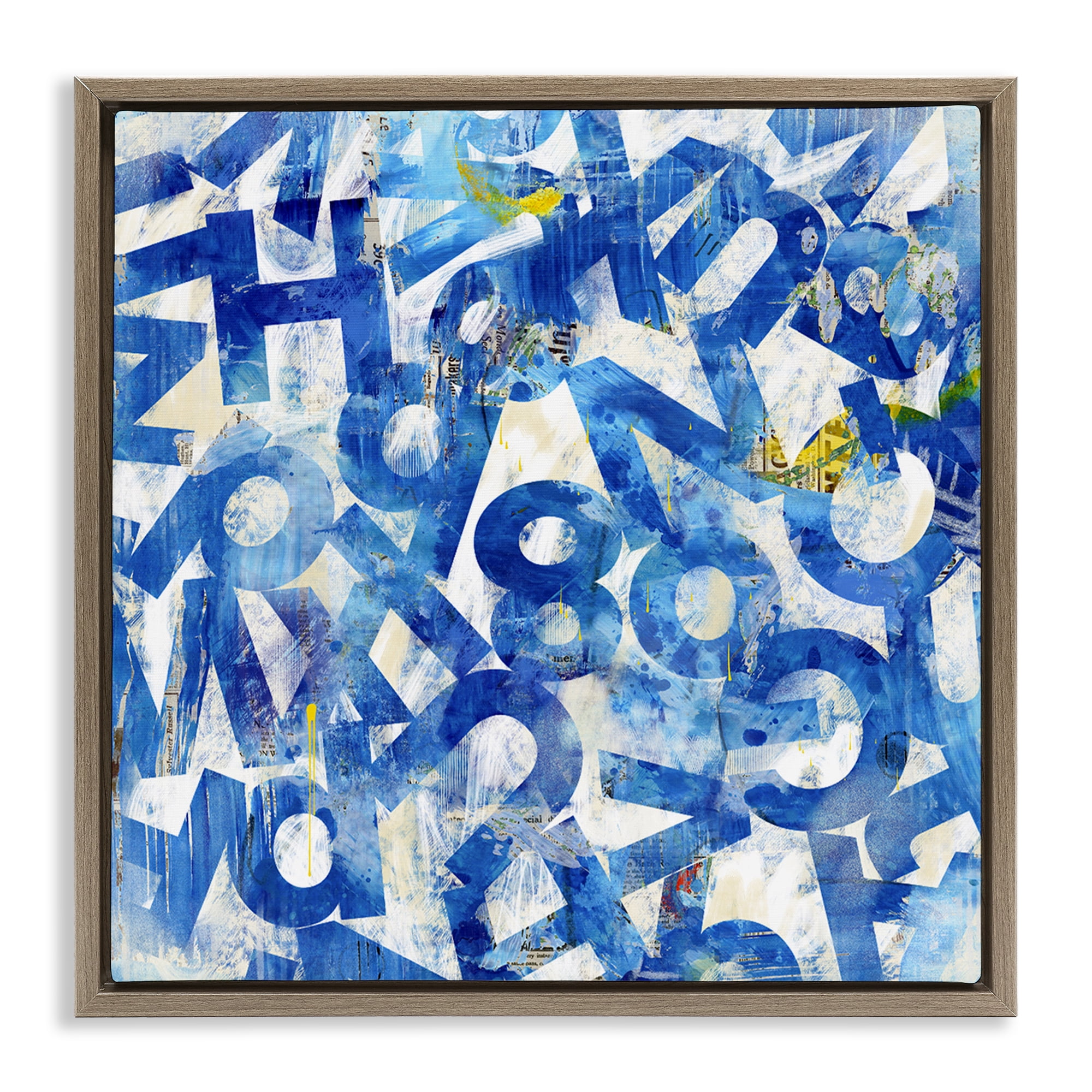 Stupell Industries Blue Typography Collage Abstract Painting Brown Floater Framed Canvas Art Print Wall Art, 18 x 18