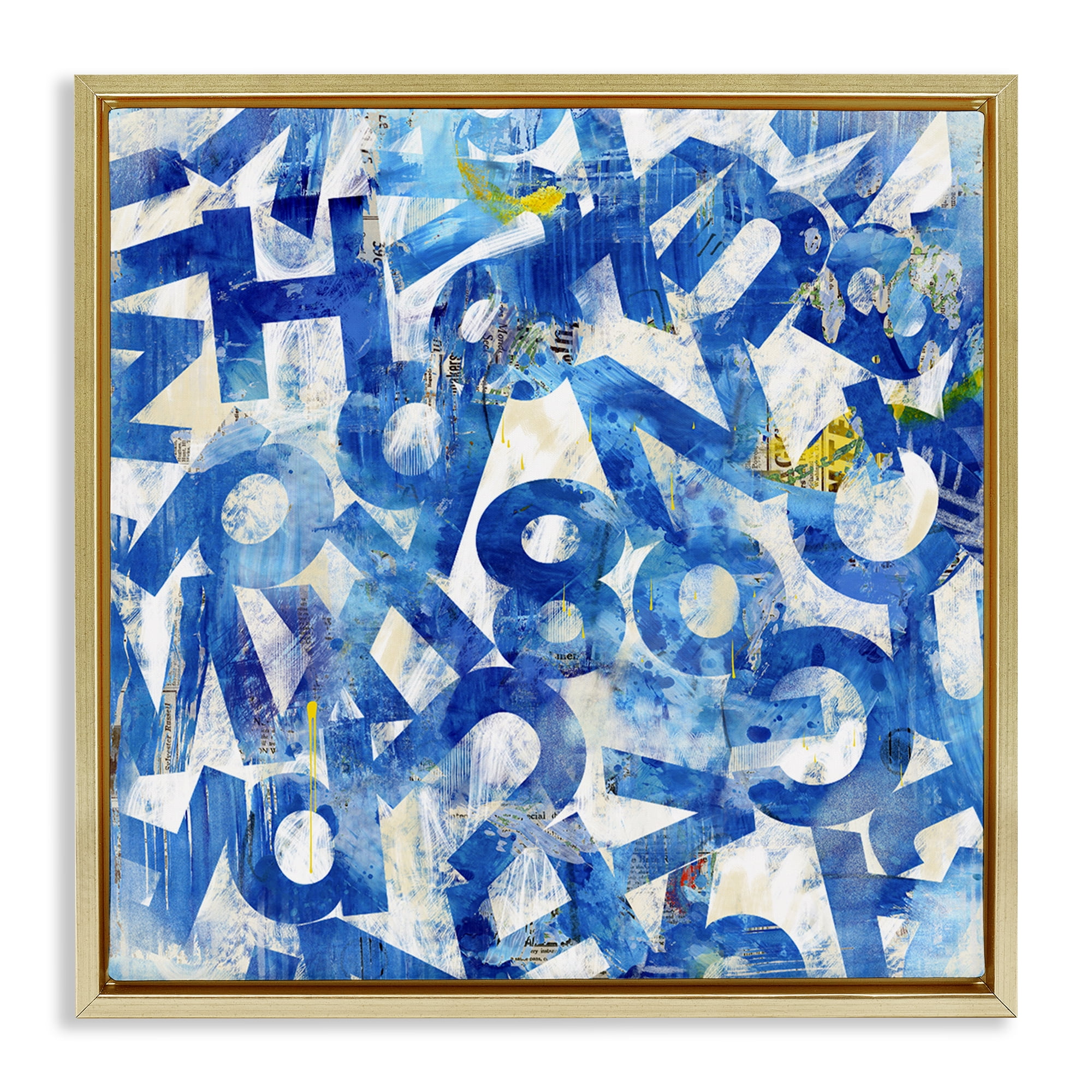 Stupell Industries Blue Typography Collage Abstract Painting Gold Floater Framed Canvas Art Print Wall Art, 25 x 25