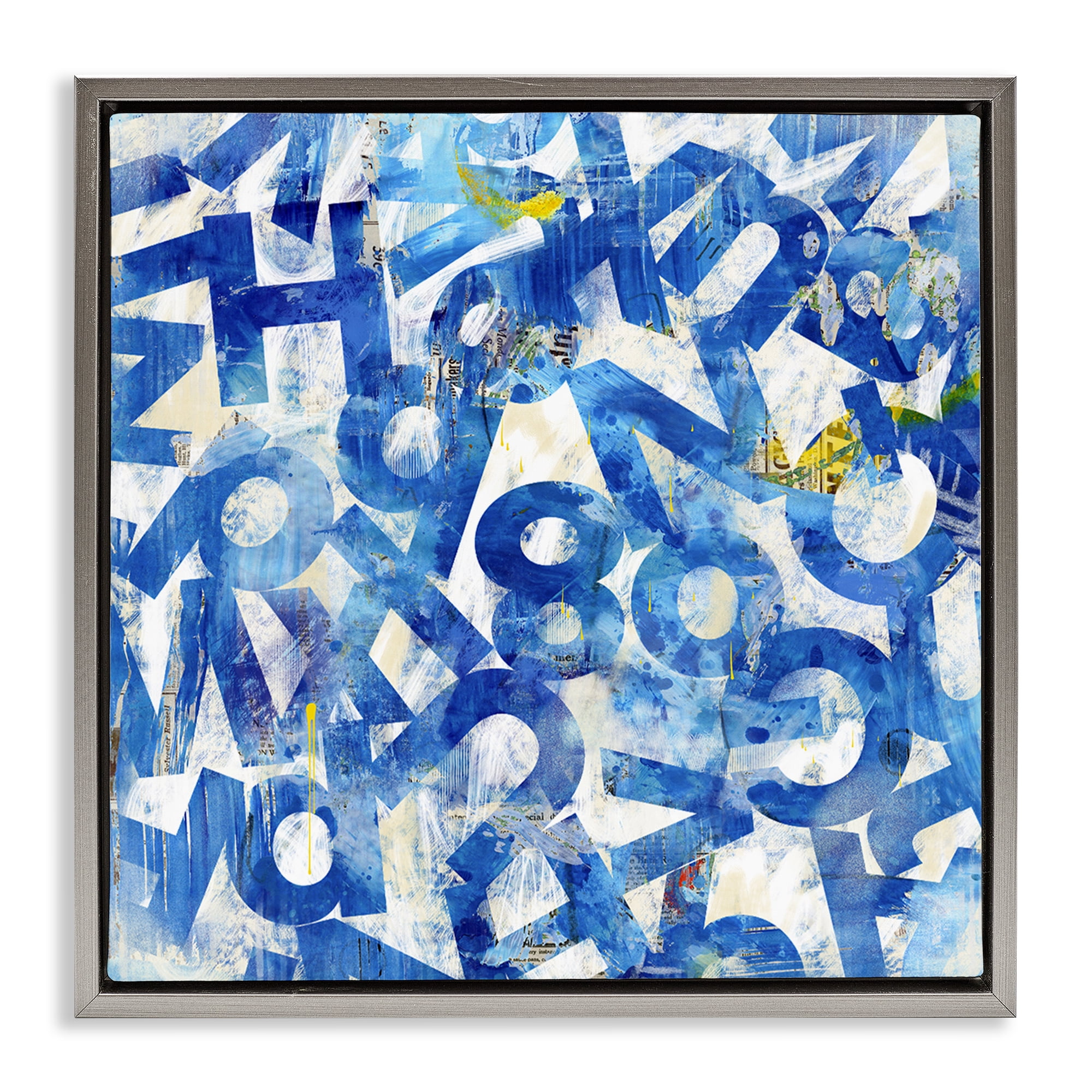 Stupell Industries Blue Typography Collage Abstract Painting Gray Floater Framed Canvas Art Print Wall Art, 18 x 18