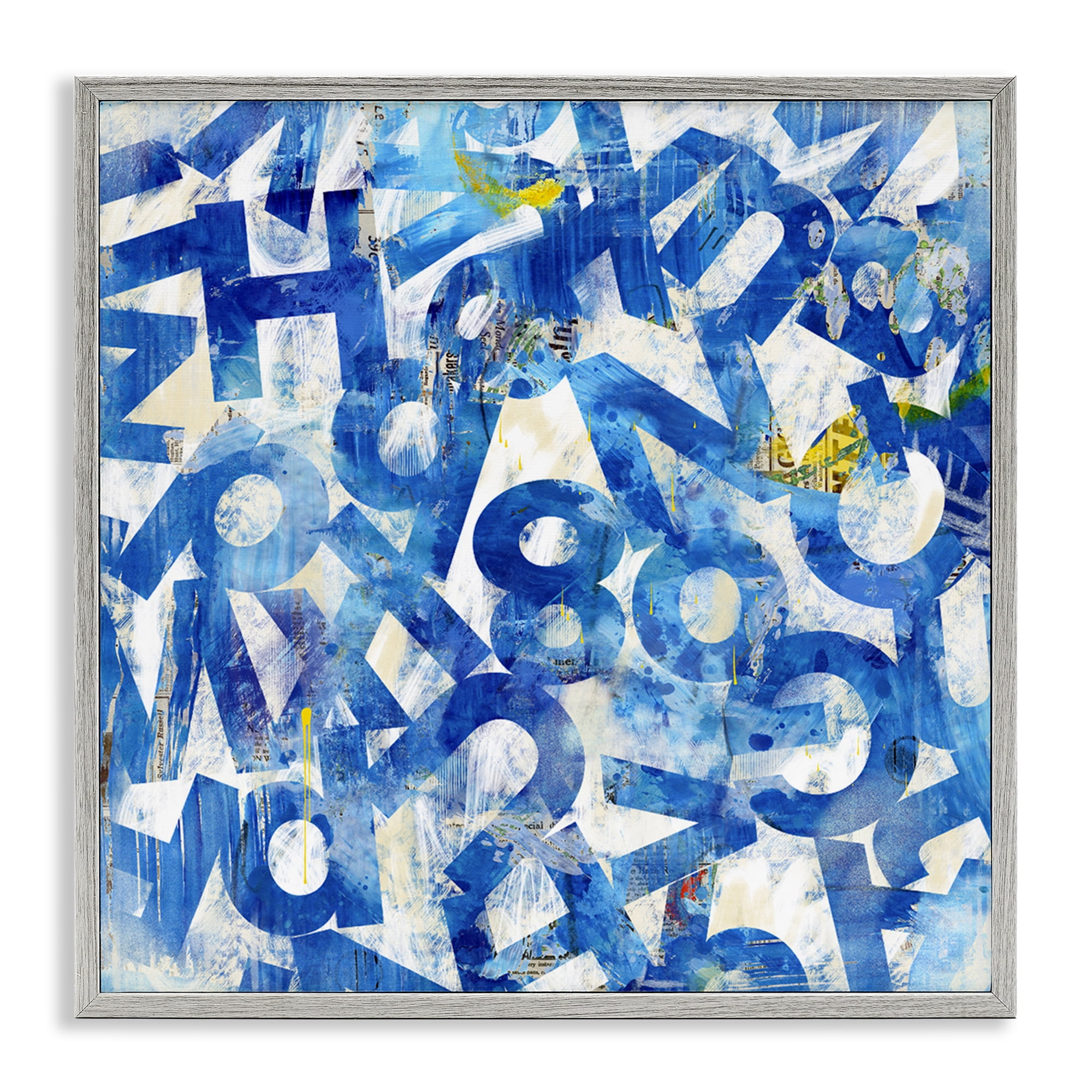 Stupell Industries Blue Typography Collage Abstract Painting Gray Framed Art Print Wall Art, 12 x 12