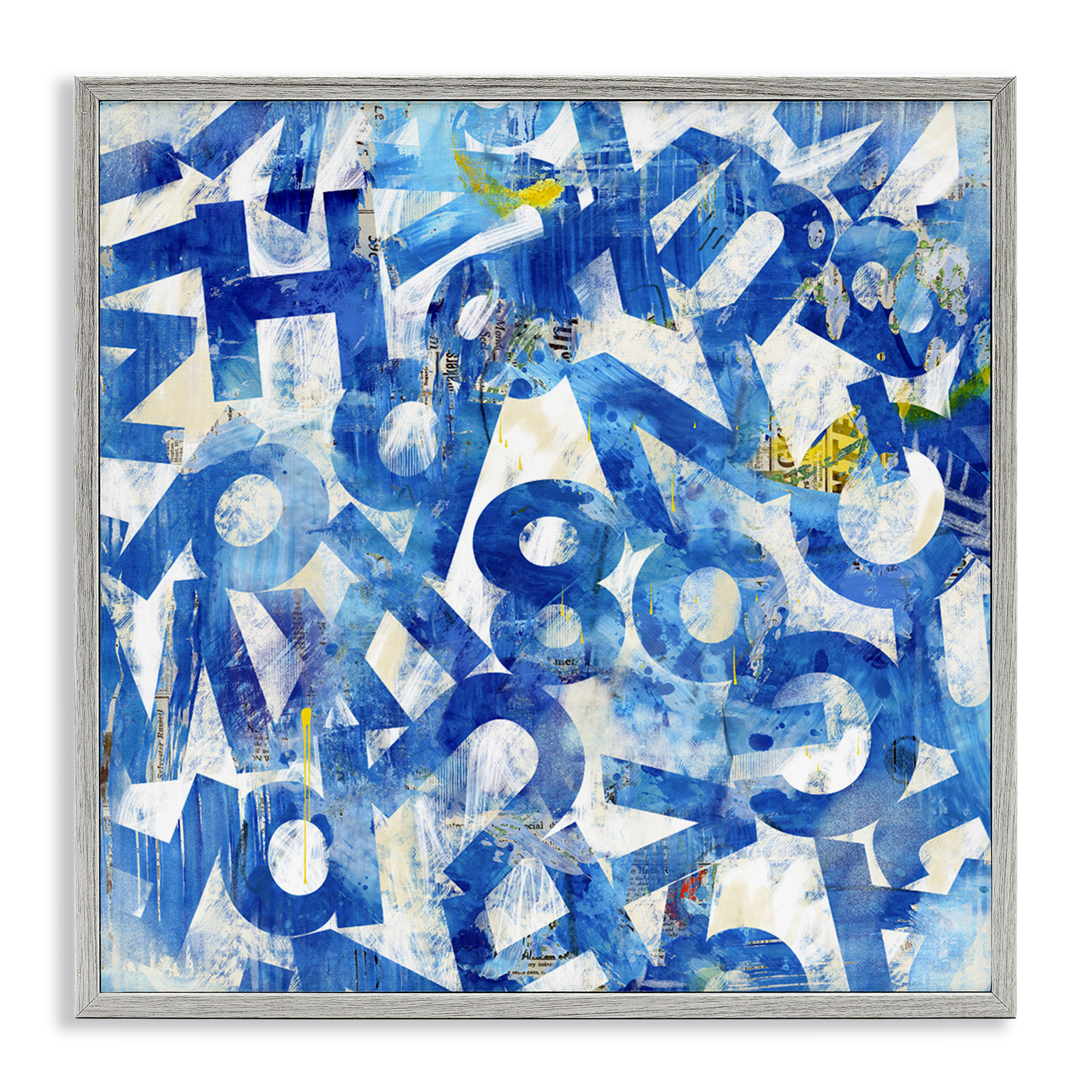 Stupell Industries Blue Typography Collage Abstract Painting Gray Framed Art Print Wall Art, 24 x 24