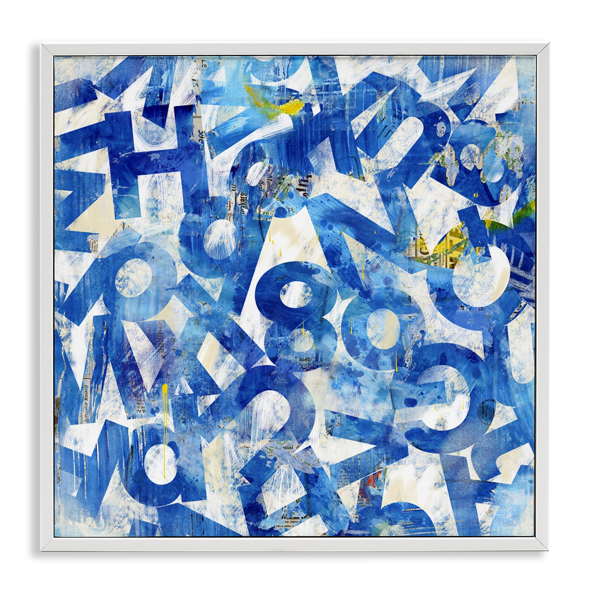 Stupell Industries Blue Typography Collage Abstract Painting White Framed Art Print Wall Art, 12 x 12