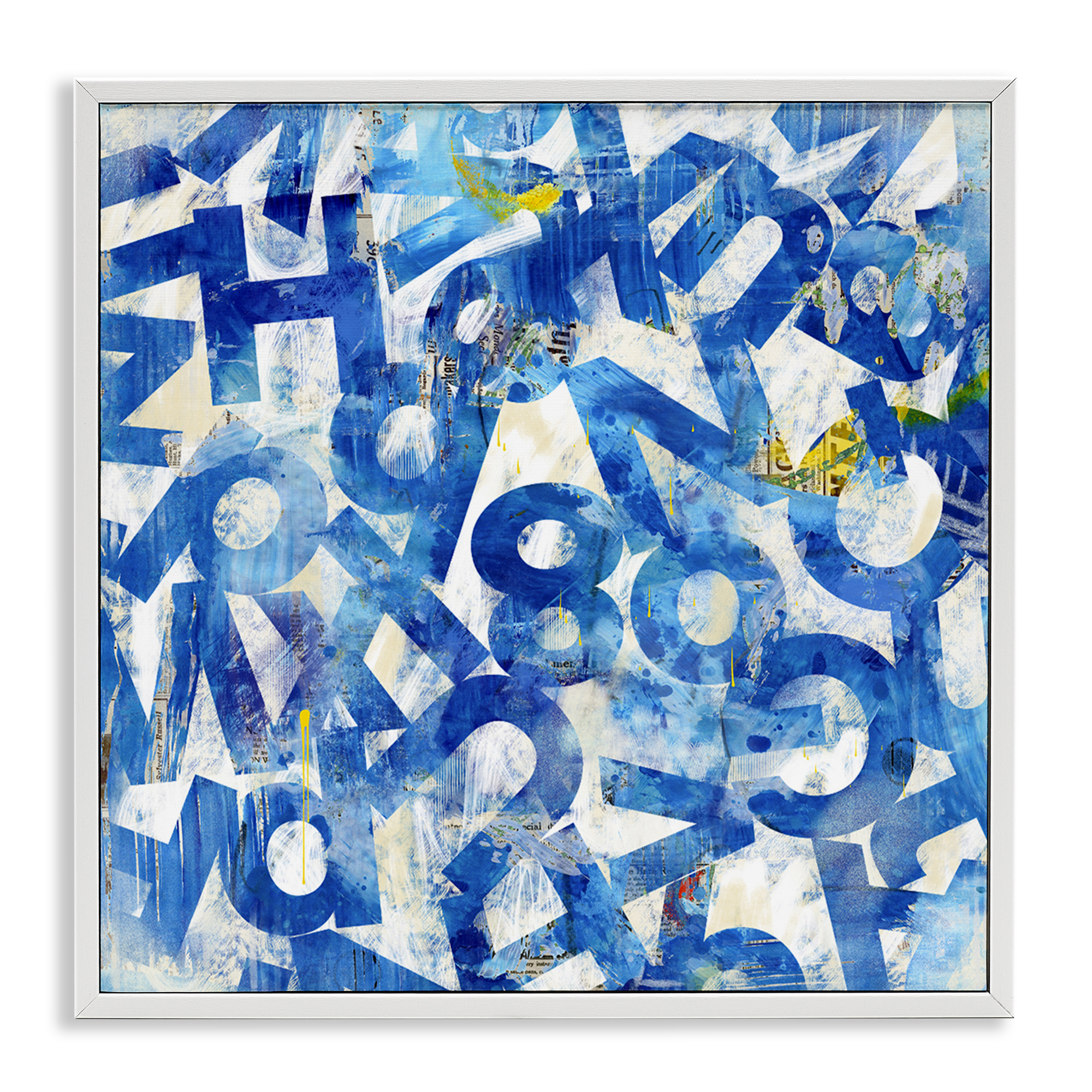 Stupell Industries Blue Typography Collage Abstract Painting White Framed Art Print Wall Art, 17 x 17