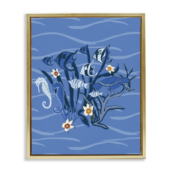 Stupell Industries Blue Undersea Critters Nautical & Beach Painting Gold Floater Framed Canvas Art Print Wall Art, 17 x 21