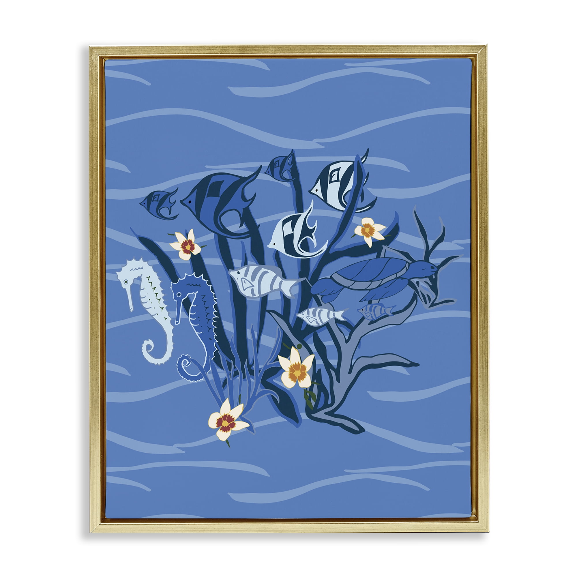 Stupell Industries Blue Undersea Critters Nautical & Beach Painting Gold Floater Framed Canvas Art Print Wall Art, 25 x 31