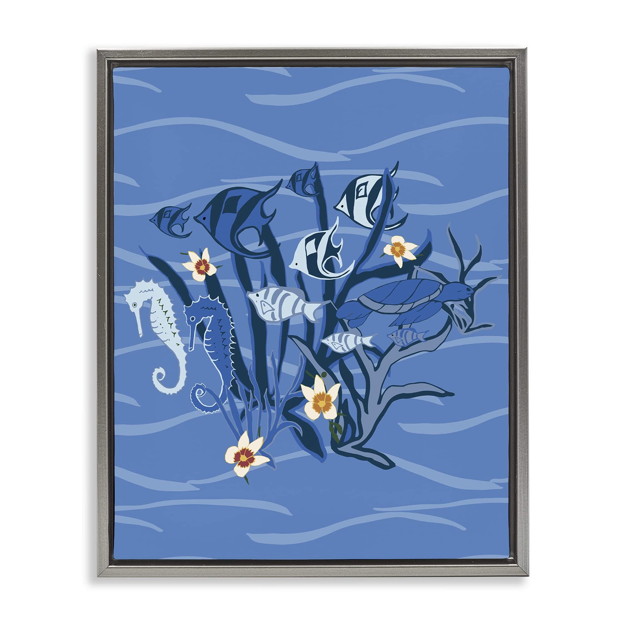 Stupell Industries Blue Undersea Critters Nautical & Beach Painting Gray Floater Framed Canvas Art Print Wall Art, 25 x 31
