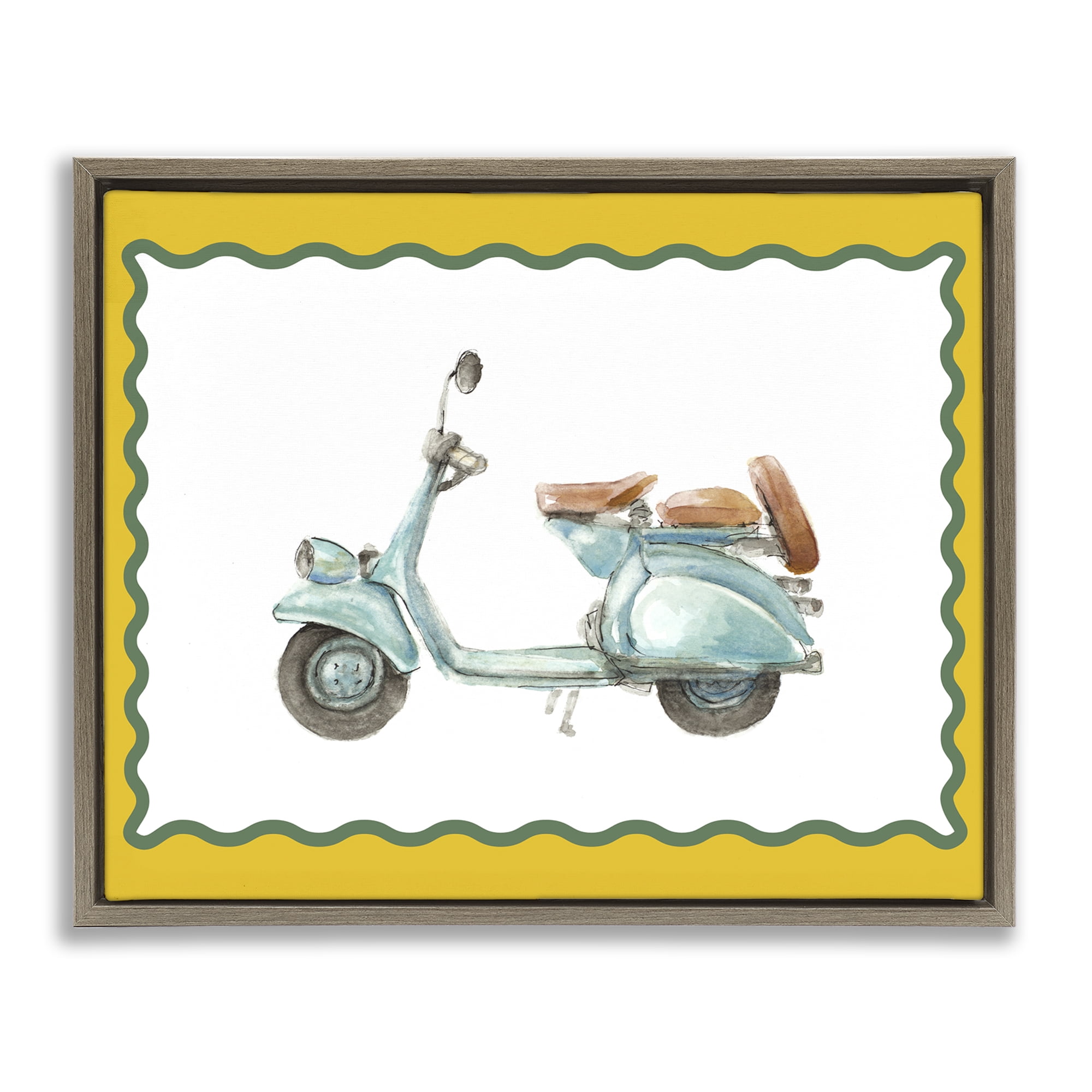 Stupell Industries Blue Vespa with Yellow Border Brown Framed Floater Canvas Wall Art, design by Lanie Loreth