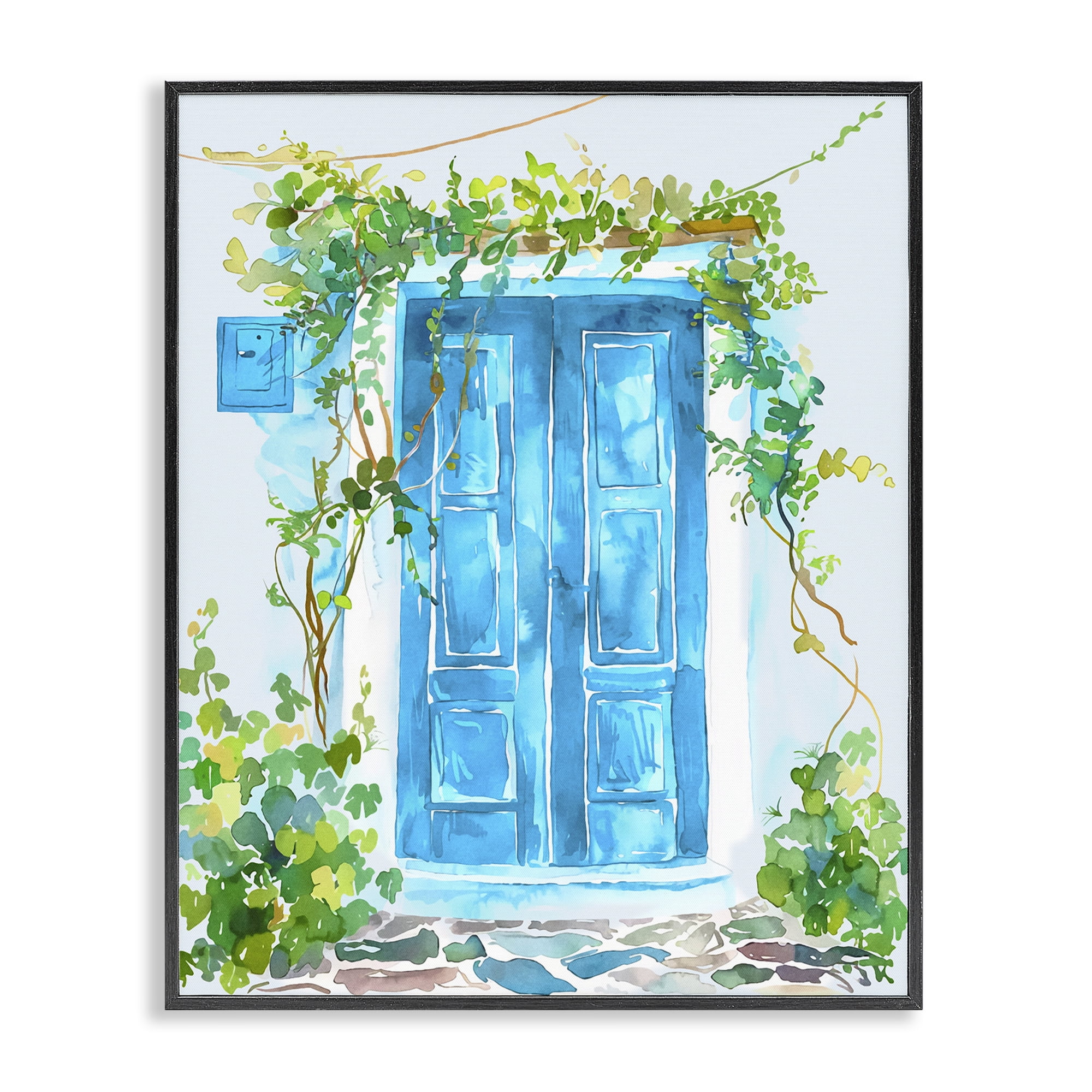 Stupell Industries Blue Vine Covered Door Scenery Painting Black Framed Art Print Wall Art, 24 x 30