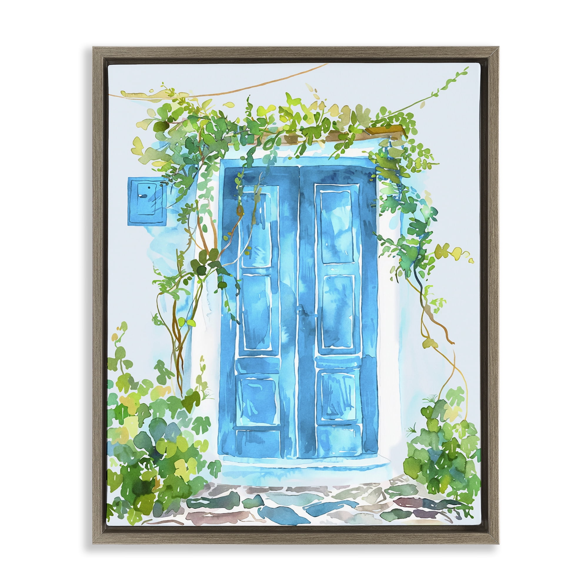 Stupell Industries Blue Vine Covered Door Scenery Painting Brown Floater Framed Art Print Wall Art, 17 x 21