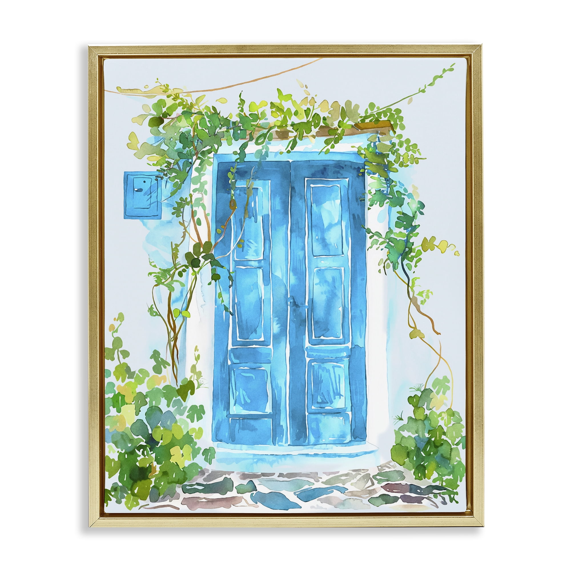 Stupell Industries Blue Vine Covered Door Scenery Painting Gold Floater Framed Art Print Wall Art, 25 x 31