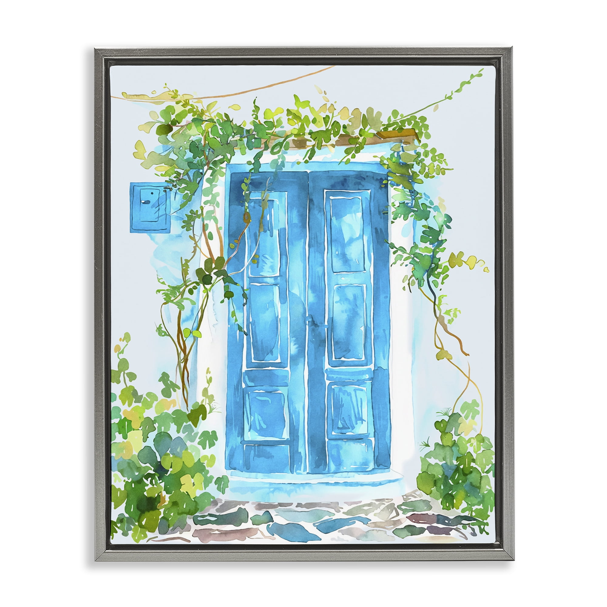 Stupell Industries Blue Vine Covered Door Scenery Painting Gray Floater Framed Art Print Wall Art, 25 x 31