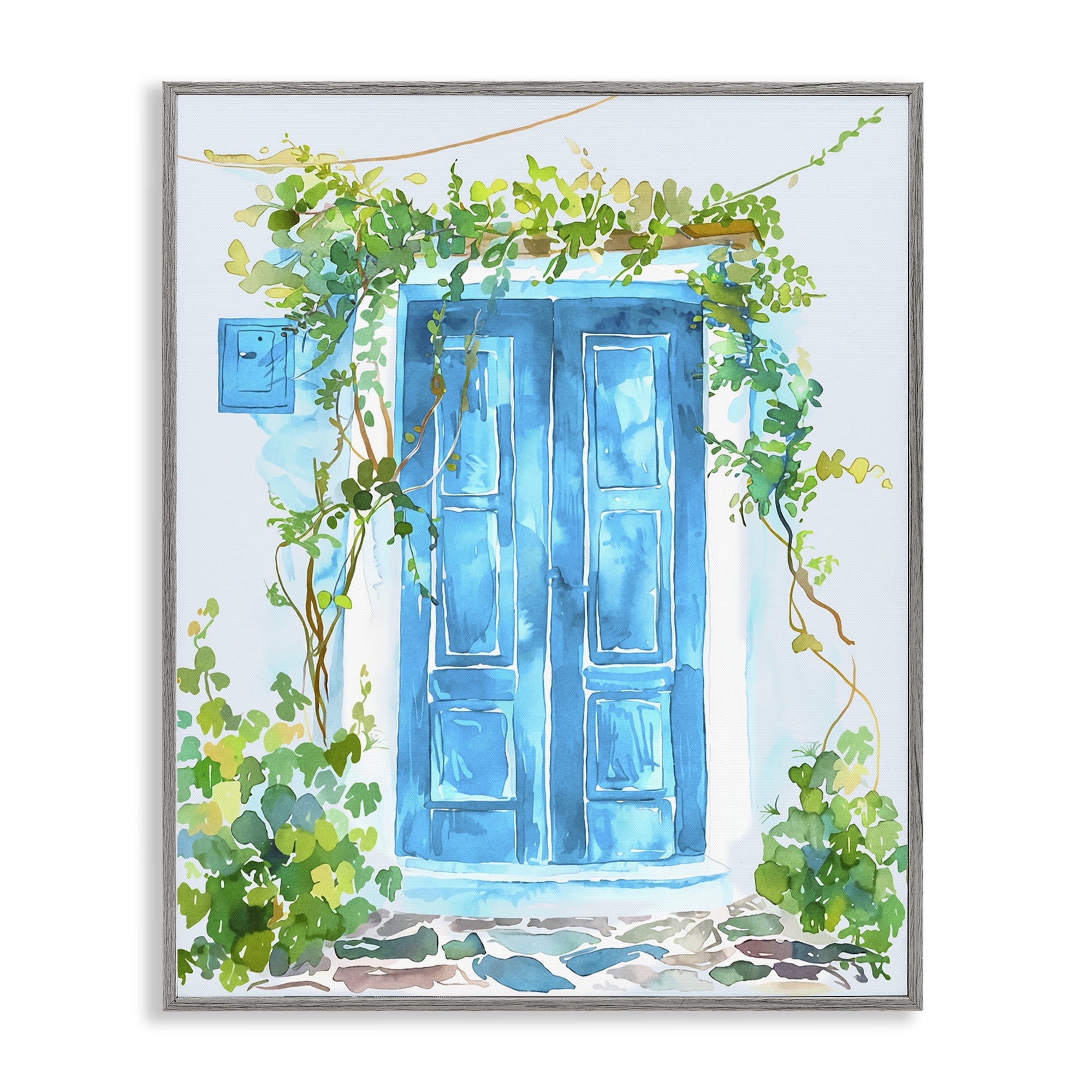 Stupell Industries Blue Vine Covered Door Scenery Painting Gray Framed Art Print Wall Art, 24 x 30