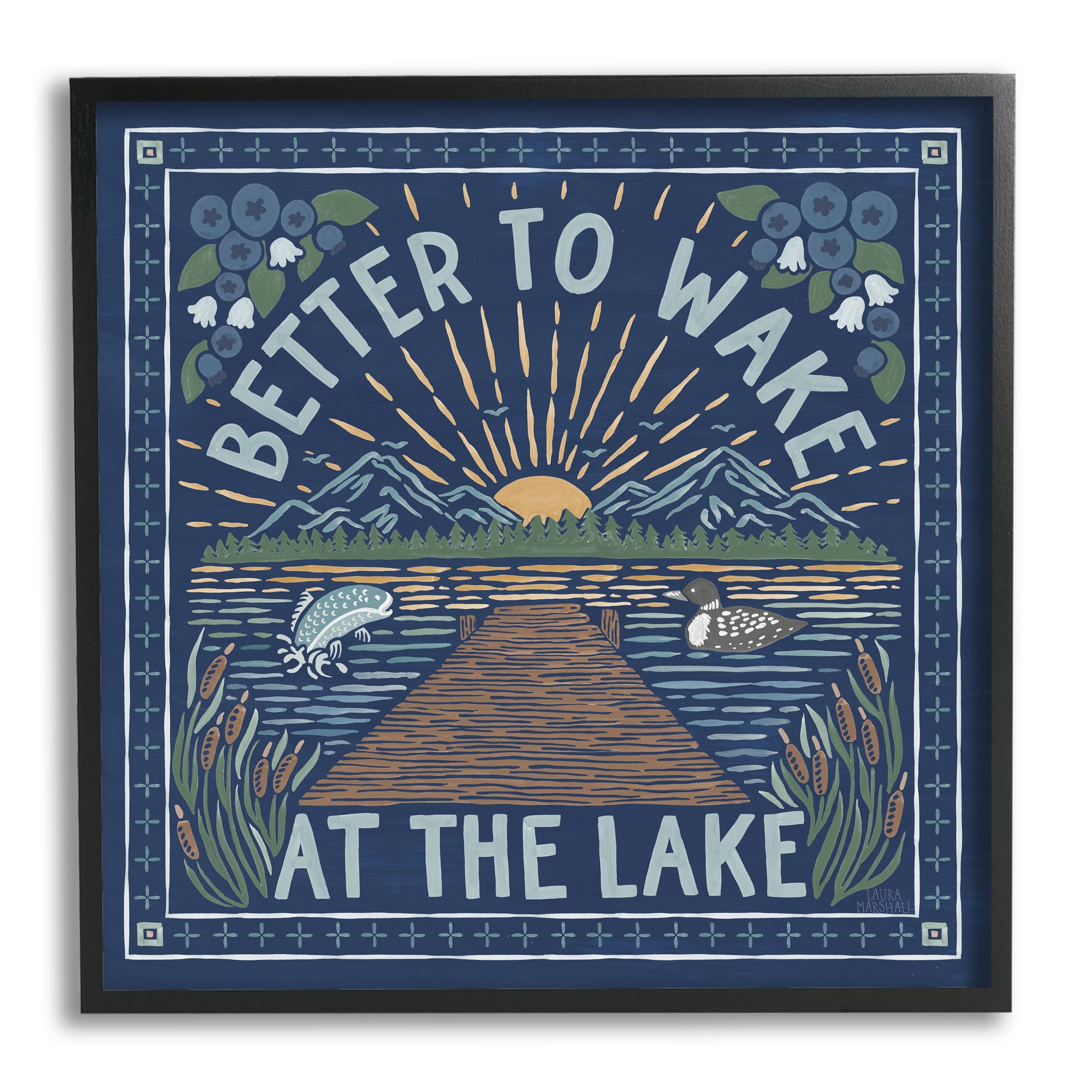 Stupell Industries Blue Wake at Lake Phrase Nature Painting Black Framed Art Print Wall Art, 17 x 17